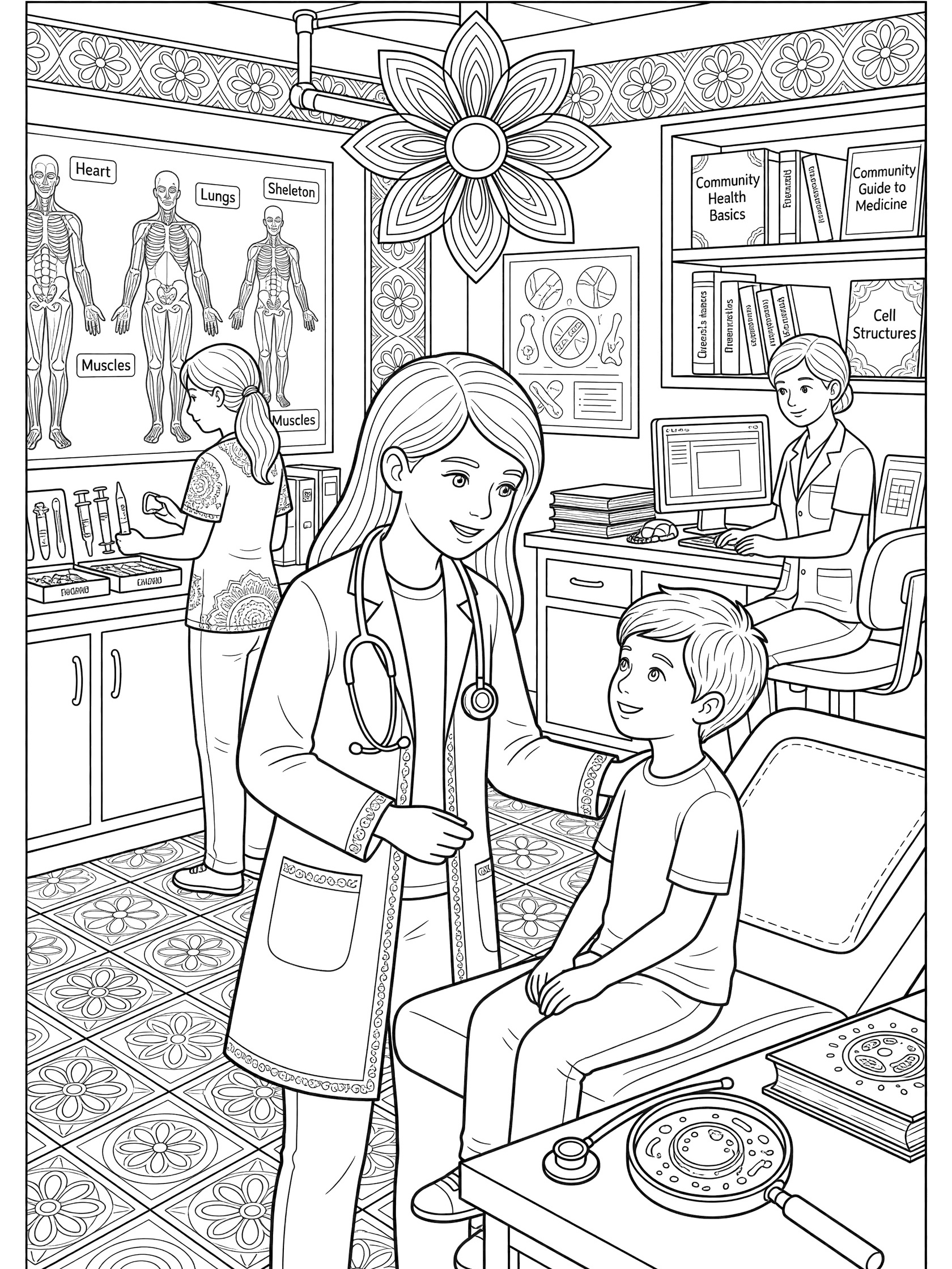 Black and white coloring page showing doctor clinic scene: female doctor examining smiling boy on exam table, with nurses, anatomy posters, bookshelves, and medical equipment in the background.