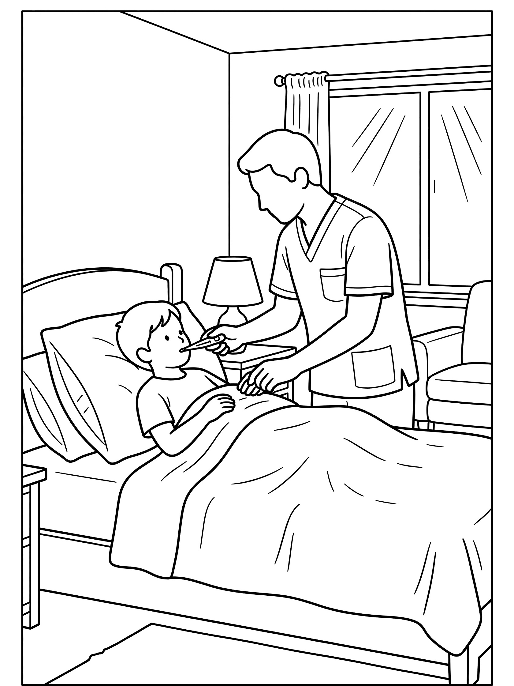 Black and white coloring page of a doctor in scrubs taking a child's temperature with a thermometer while the child lies in bed at home.