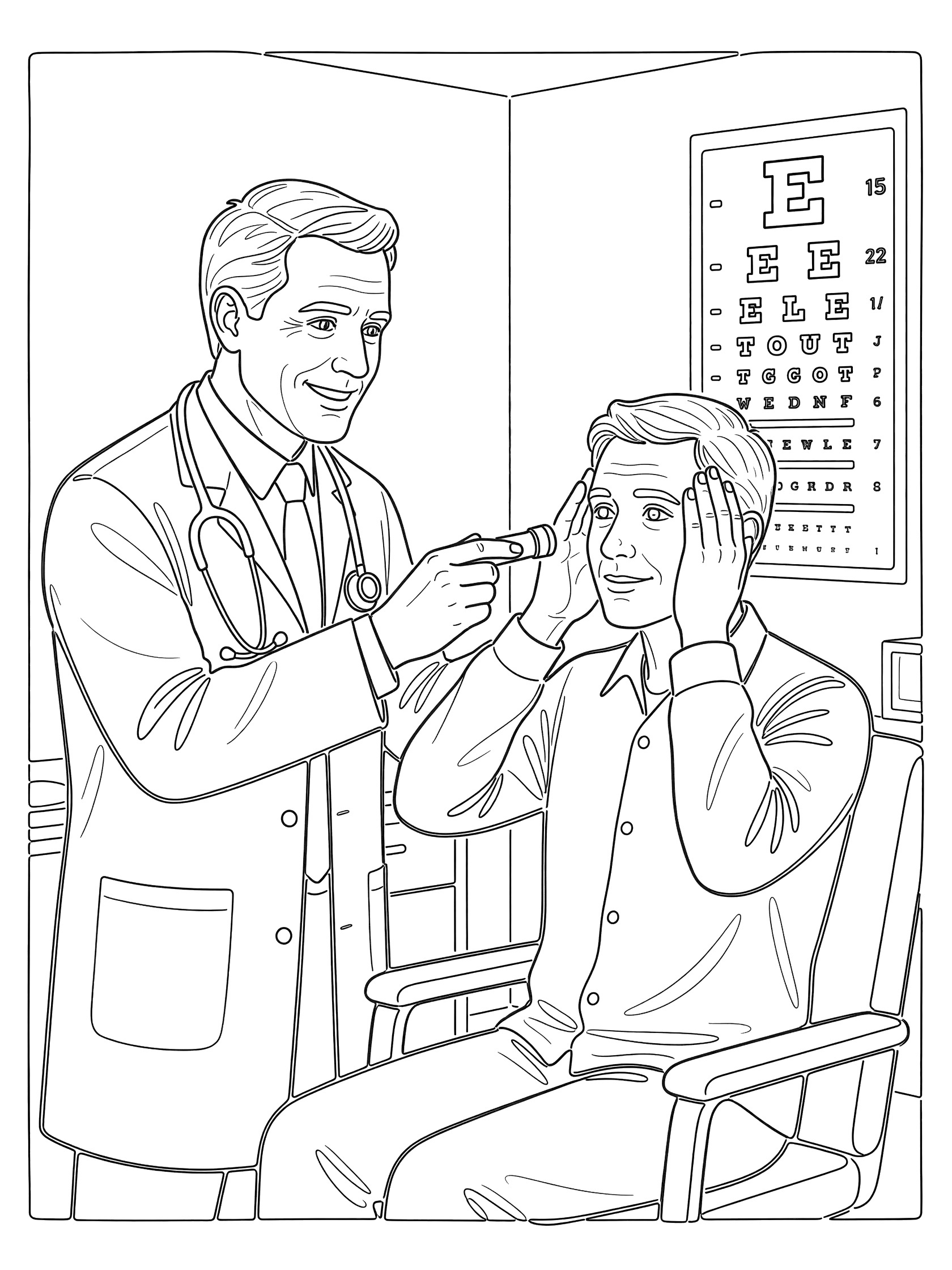 Black-and-white line art coloring page showing a cheerful doctor using a light to examine a patient's eyes, with an eye chart on the wall in a hospital room.