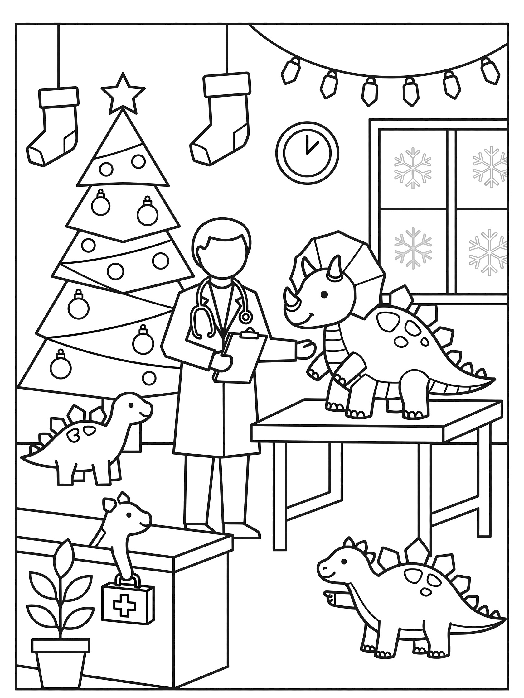 Printable coloring page showing doctor clinic scene: doctor examining triceratops on table in festive clinic with Christmas tree, stockings, baby triceratops, and snow outside window.