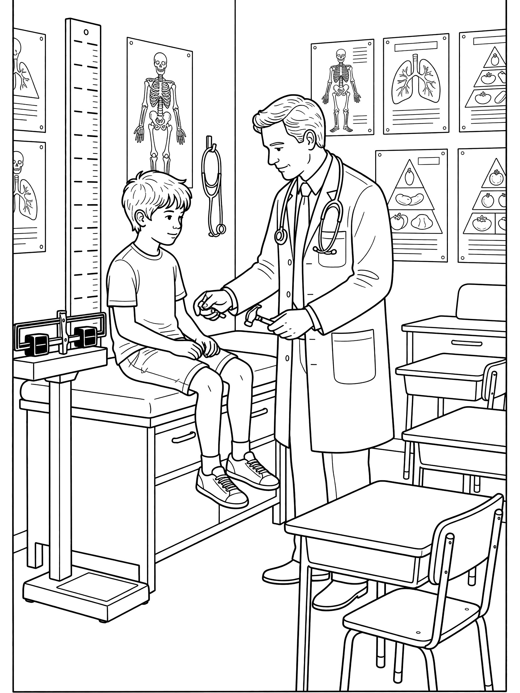 Black-and-white coloring page showing a doctor using a reflex hammer on a school child's knee during a check-up in the school nurse's office with stethoscope, scale, height chart, desks, and posters.