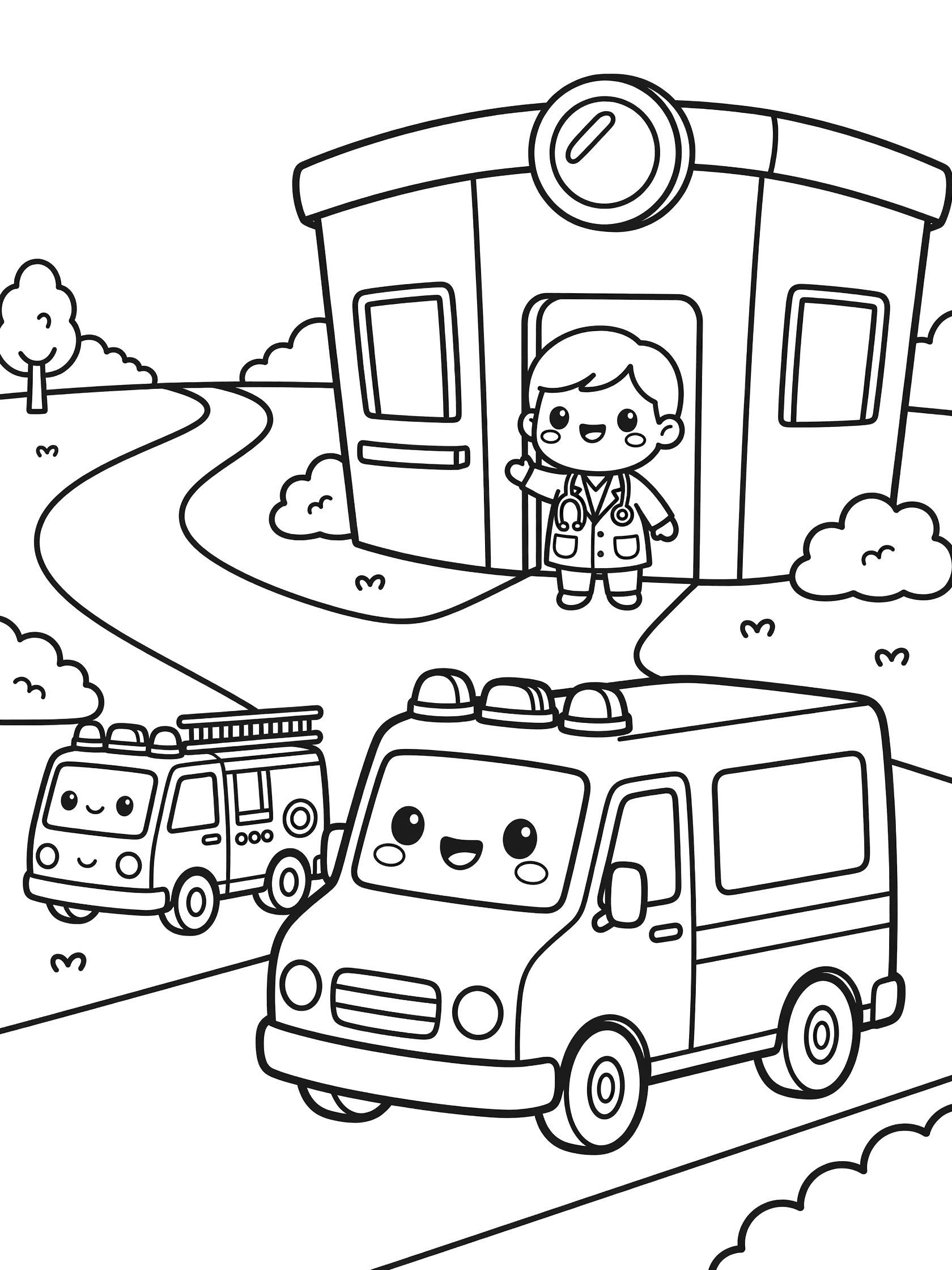 Kawaii doctor clinic scene coloring page with smiling doctor at clinic door welcoming two ambulances on the road, trees and bushes in background.