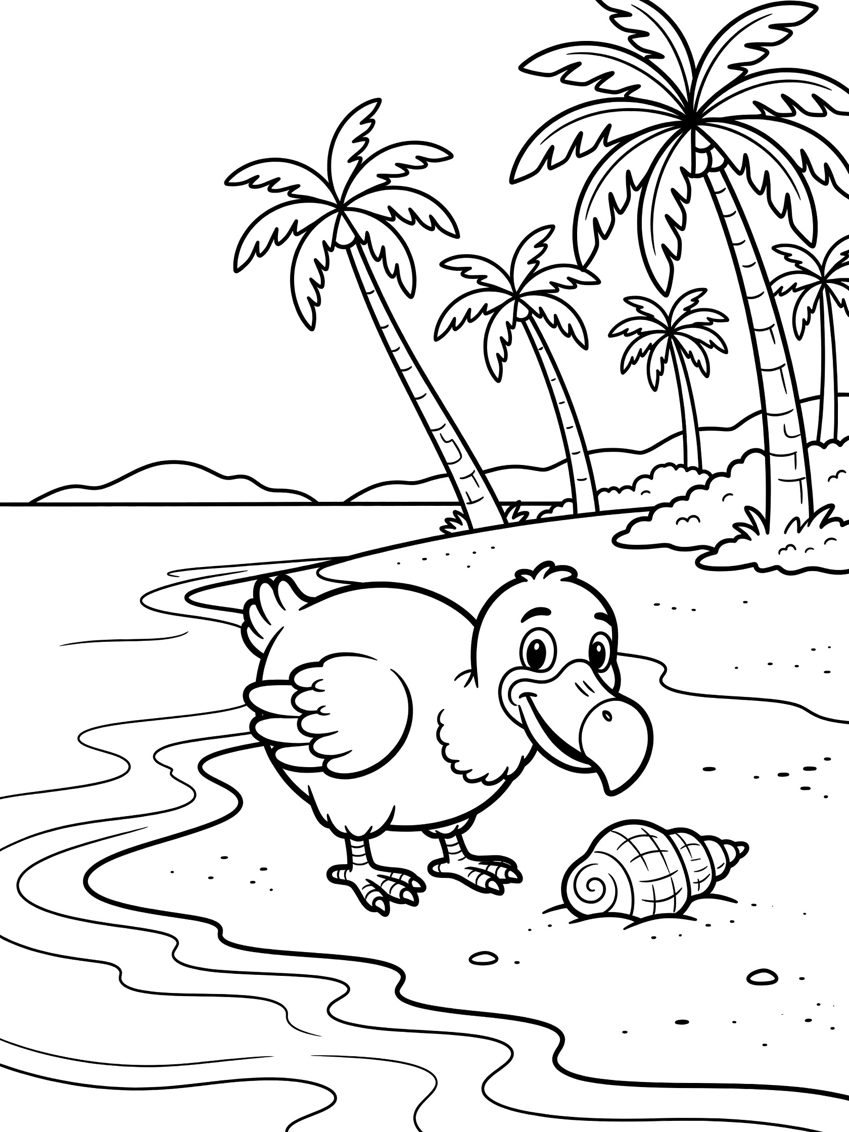 Black and white coloring page of a plump dodo bird pecking at a seashell on a tropical beach with palm trees and waves