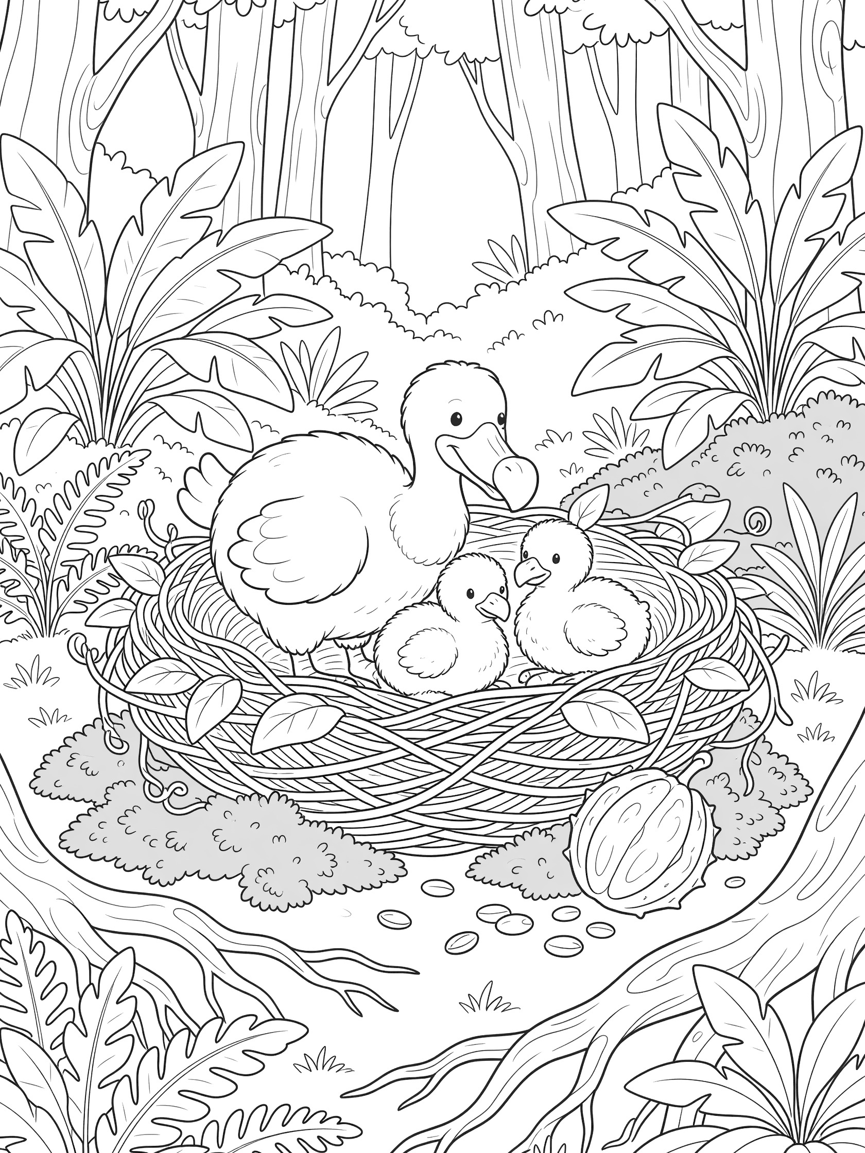 Black-and-white coloring page of a plump parent dodo nuzzling two fluffy dodo chicks in a woven nest surrounded by forest ferns, moss, seeds, fruit, and tall plants.