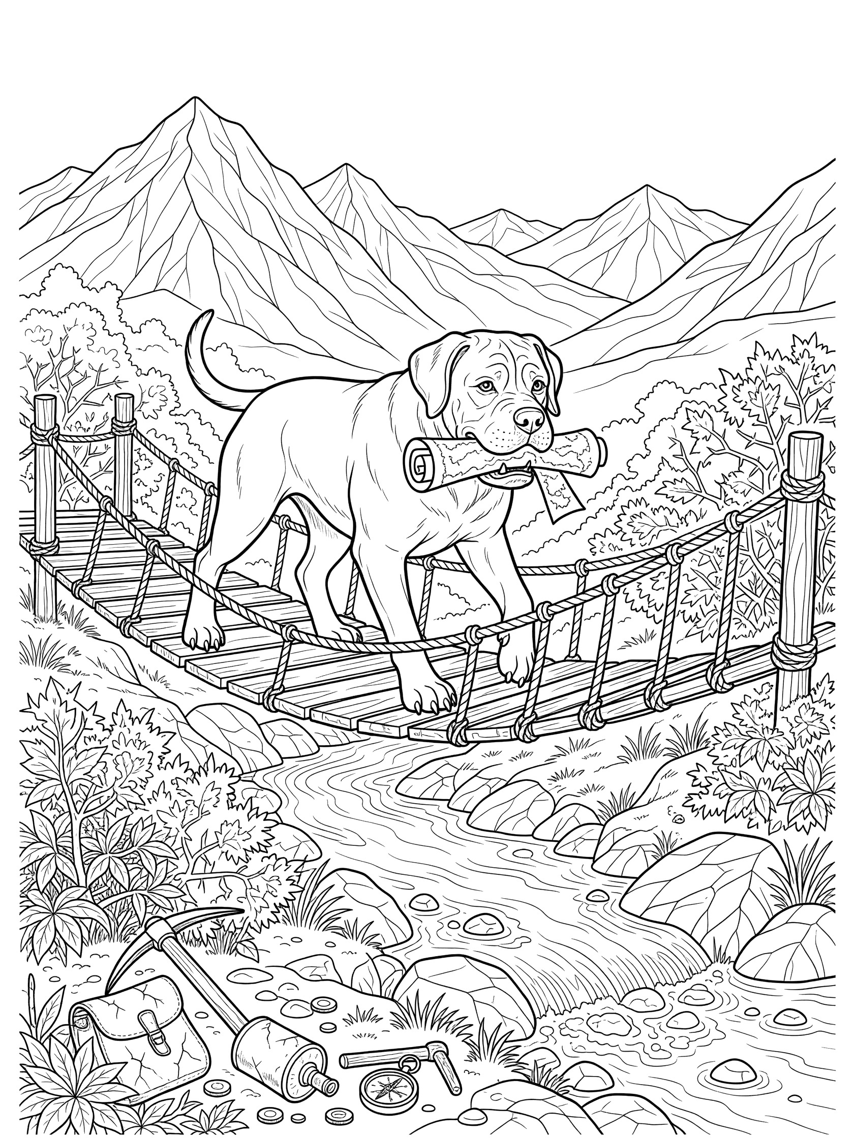 Black and white line art coloring page of a determined dog carrying a rolled treasure map in its mouth while walking across a rope bridge over a rocky stream with bushes and distant mountains. Mastiff themed black and white printable line art