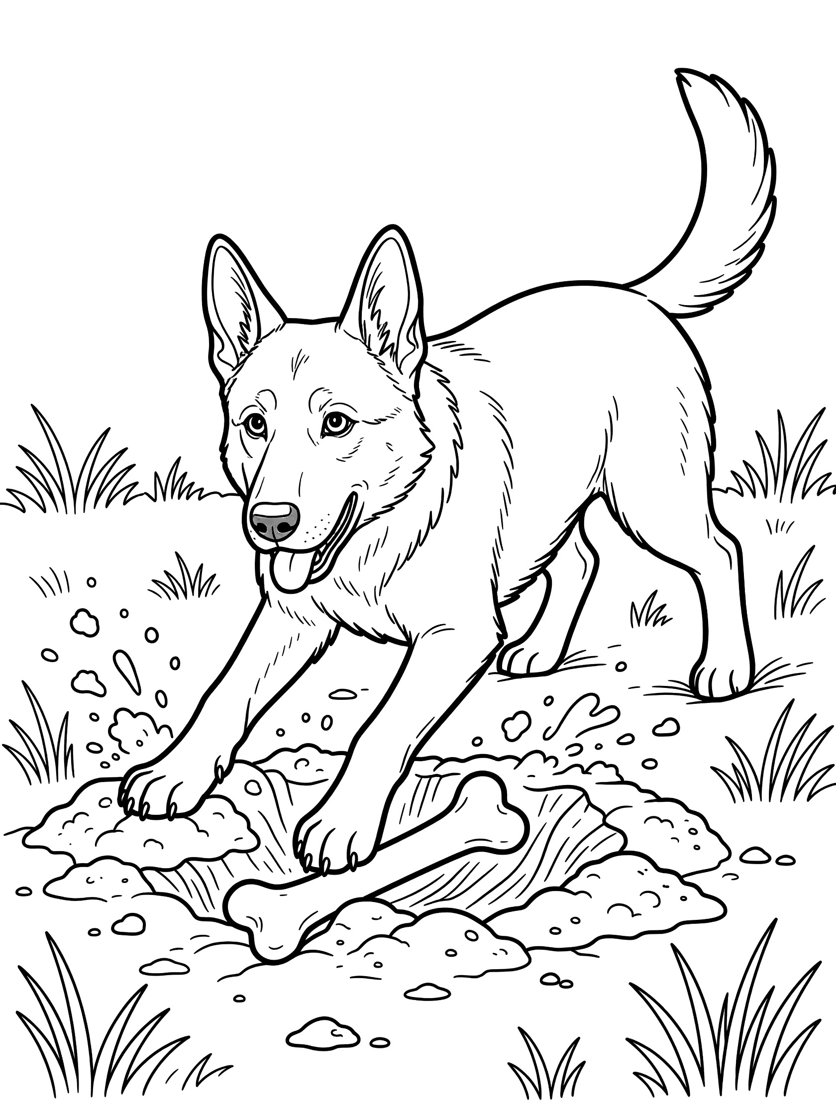 Black and white line art coloring page showing a dog digging a hole with front paws to uncover a bone, tail wagging, surrounded by grass and dirt. German Shepherd themed black and white printable line art