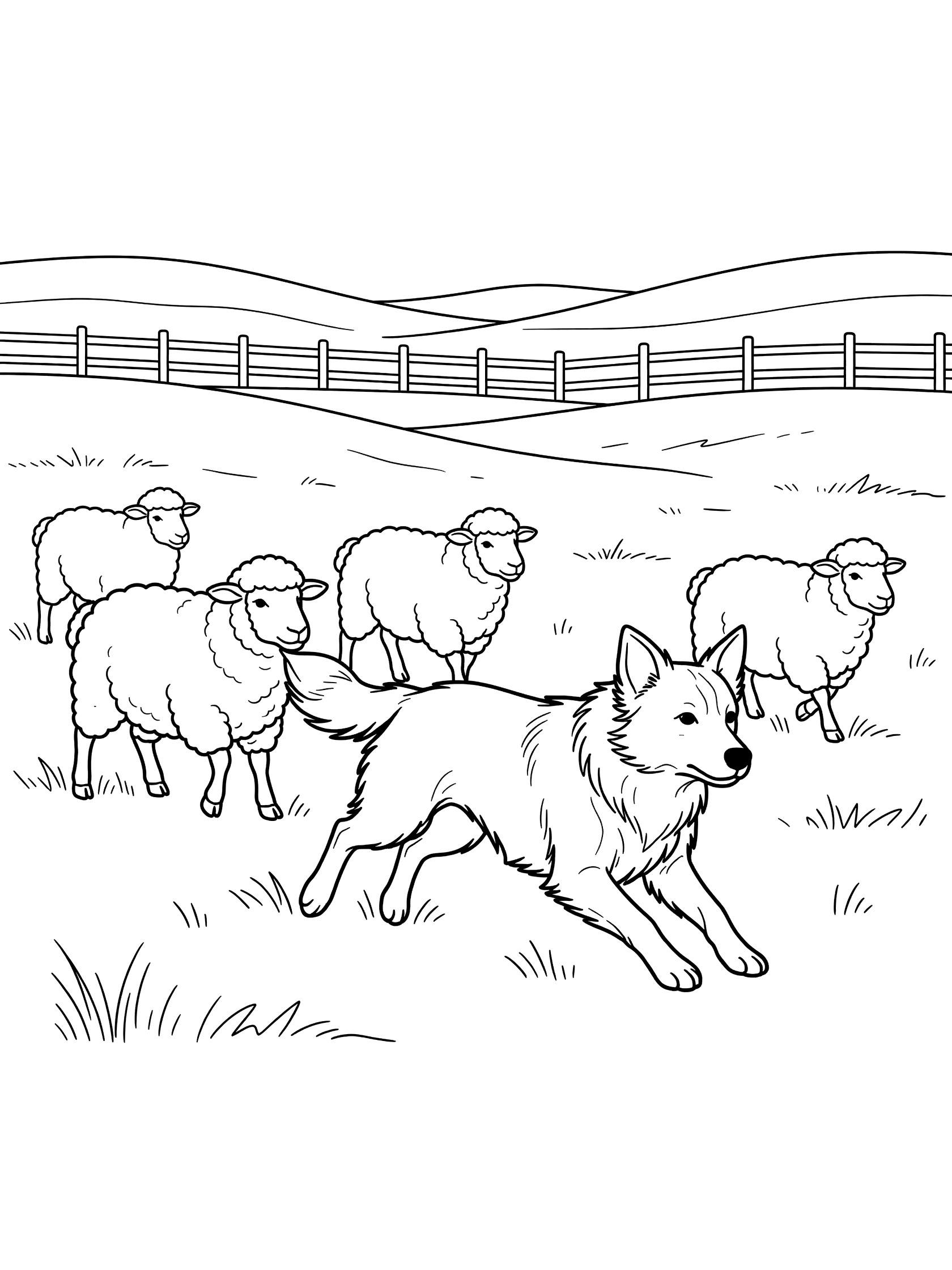 Line art coloring page showing a dog running to herd a group of sheep across a grassy farm area with a wooden fence and hills. Border Collie themed black and white printable line art