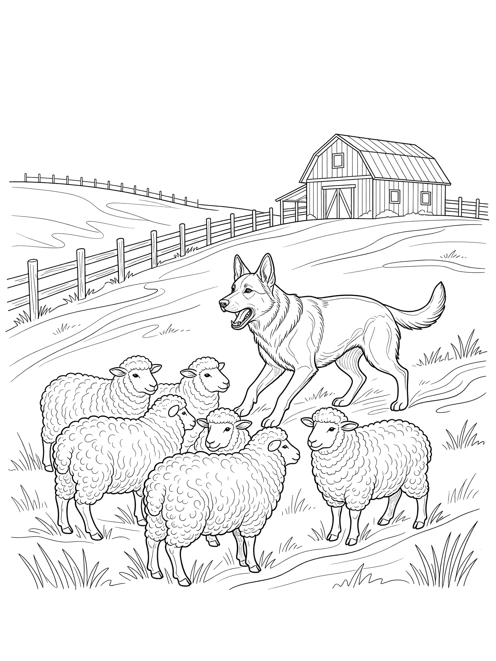 Black and white line art of a German Shepherd dog barking at a group of fluffy sheep on a farm hillside with barn and fence.