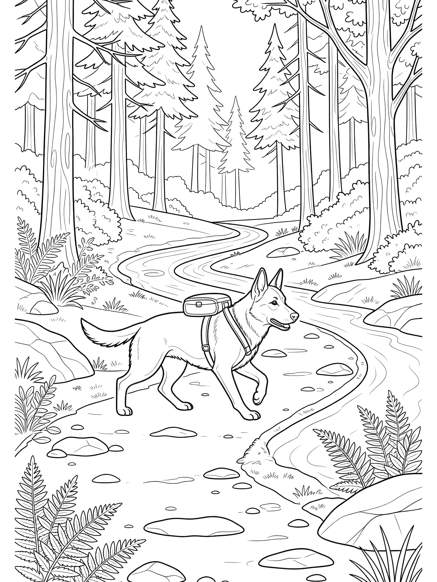 Black and white line art coloring page showing a dog carrying a backpack while trotting along a winding forest path with rocks, ferns, tall trees, and a stream. German Shepherd themed black and white printable line art