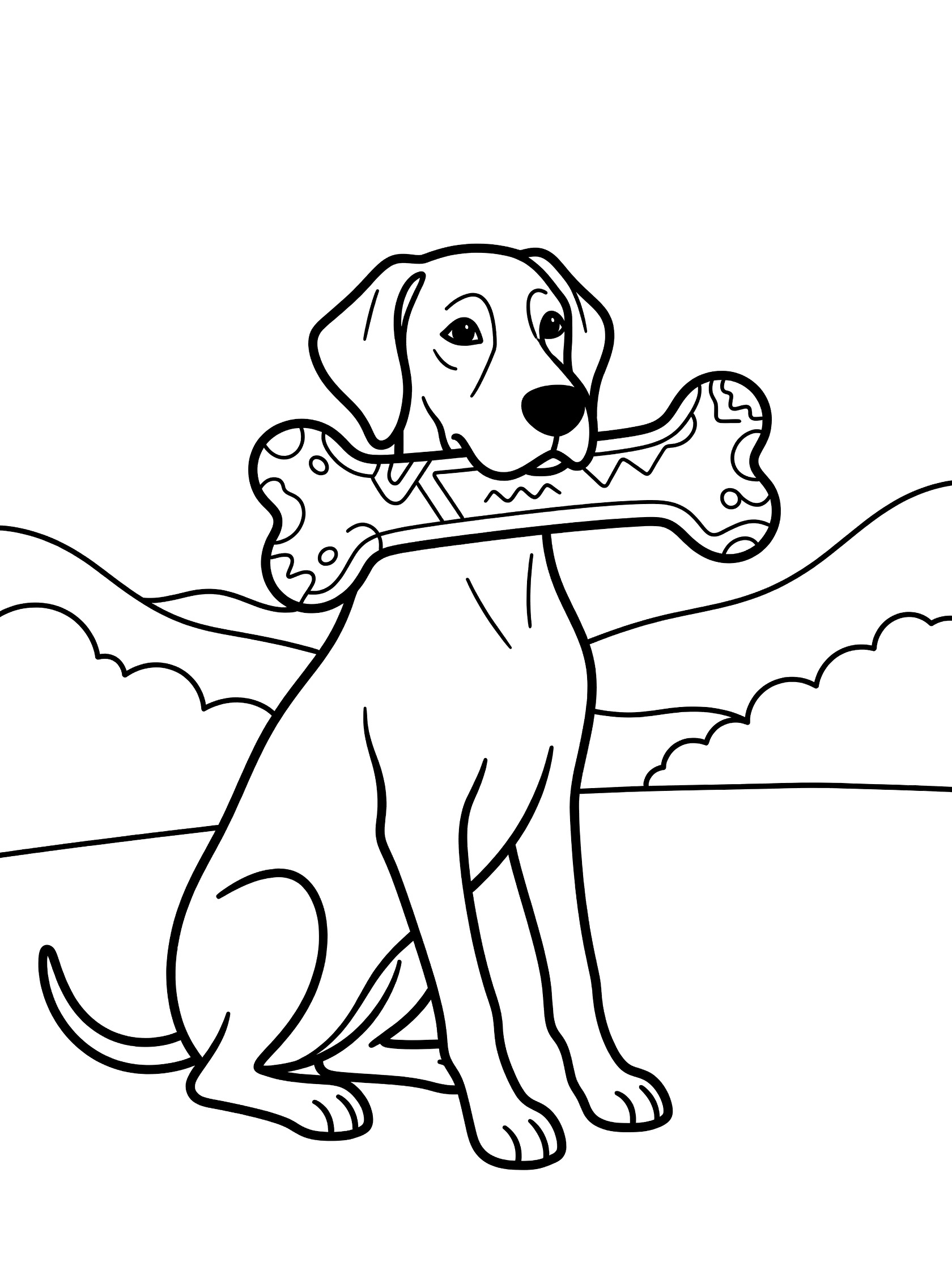 Black and white printable coloring page showing a dog sitting with a large knobby bone in its mouth and simple hills behind. Great Dane themed black and white printable line art