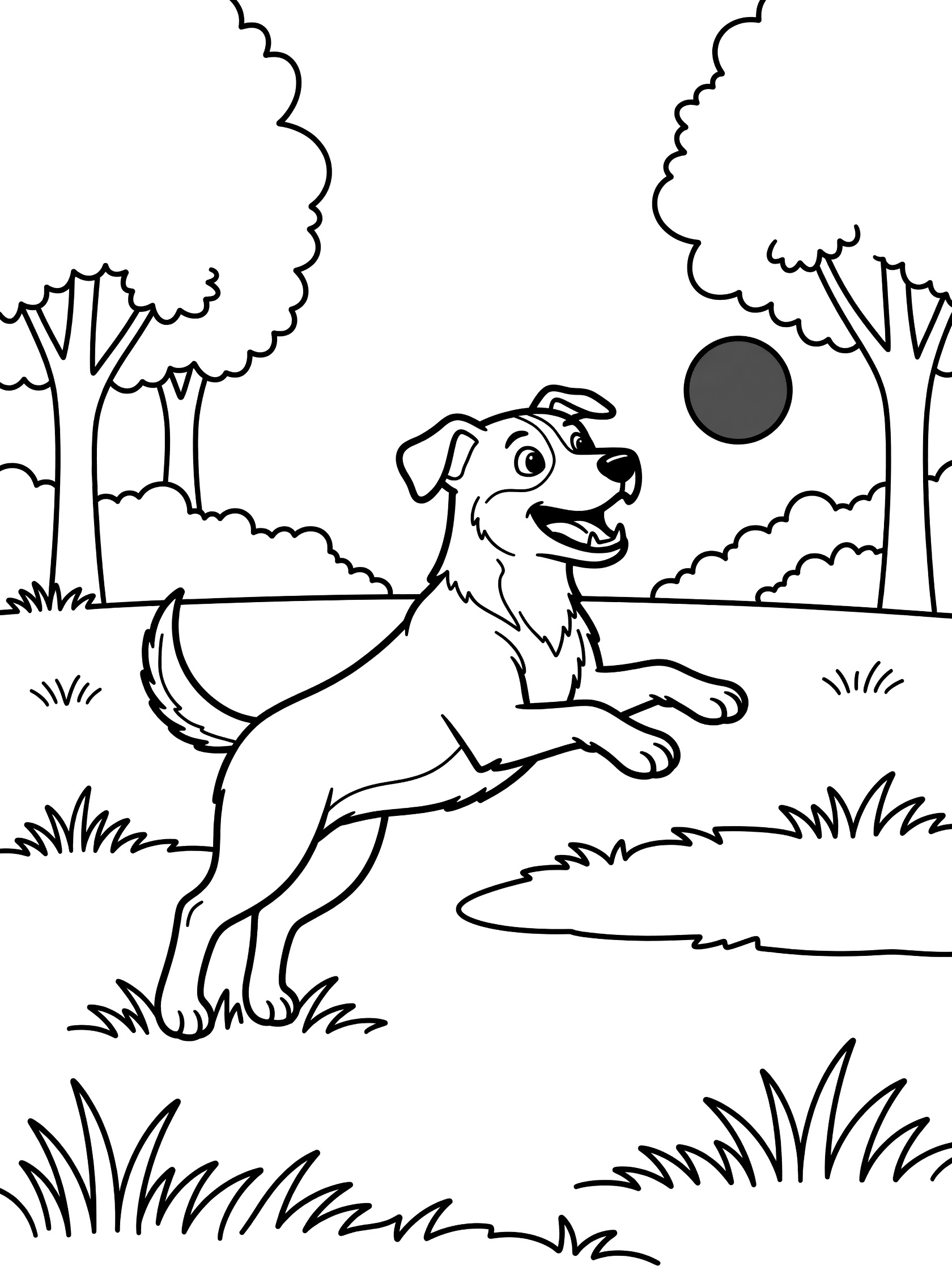 Black and white coloring page showing a happy dog jumping high to catch a black circle ball, surrounded by trees and grass patches. Mutts themed black and white printable line art