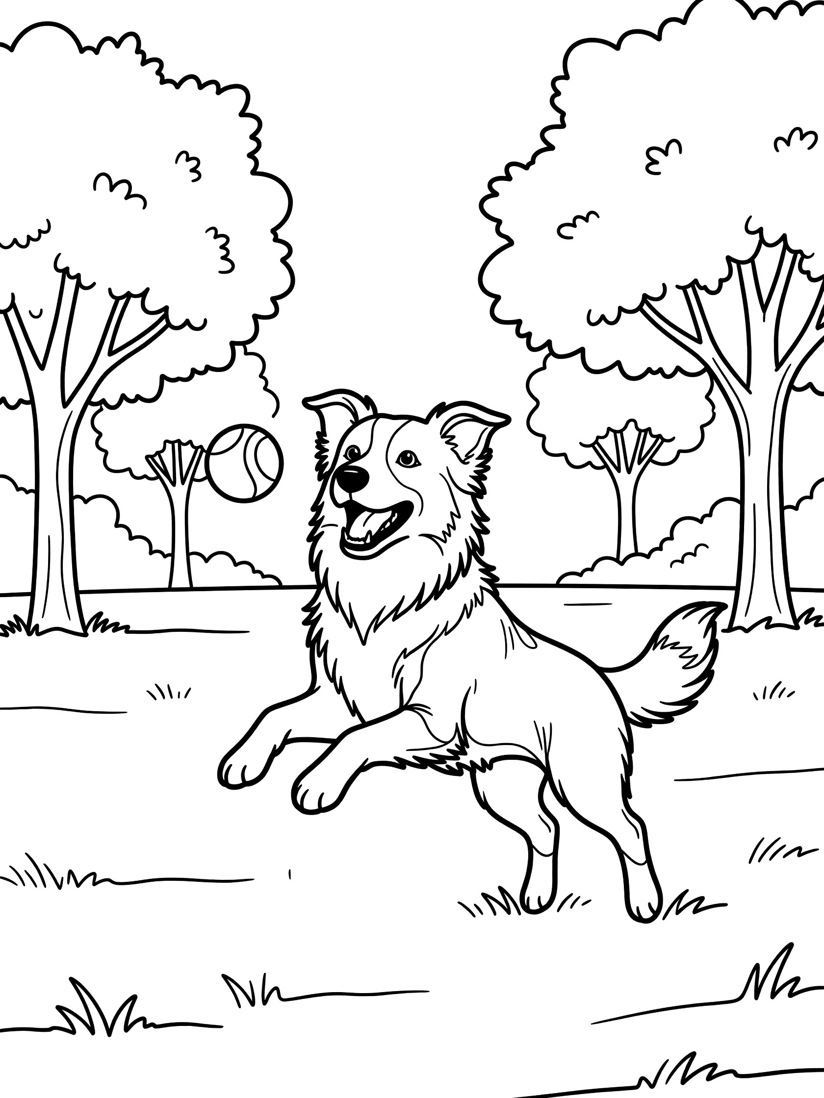 Black and white line art coloring page showing a dog jumping mid-air with mouth open chasing a round ball, surrounded by trees and grass. Border Collie themed black and white printable line art