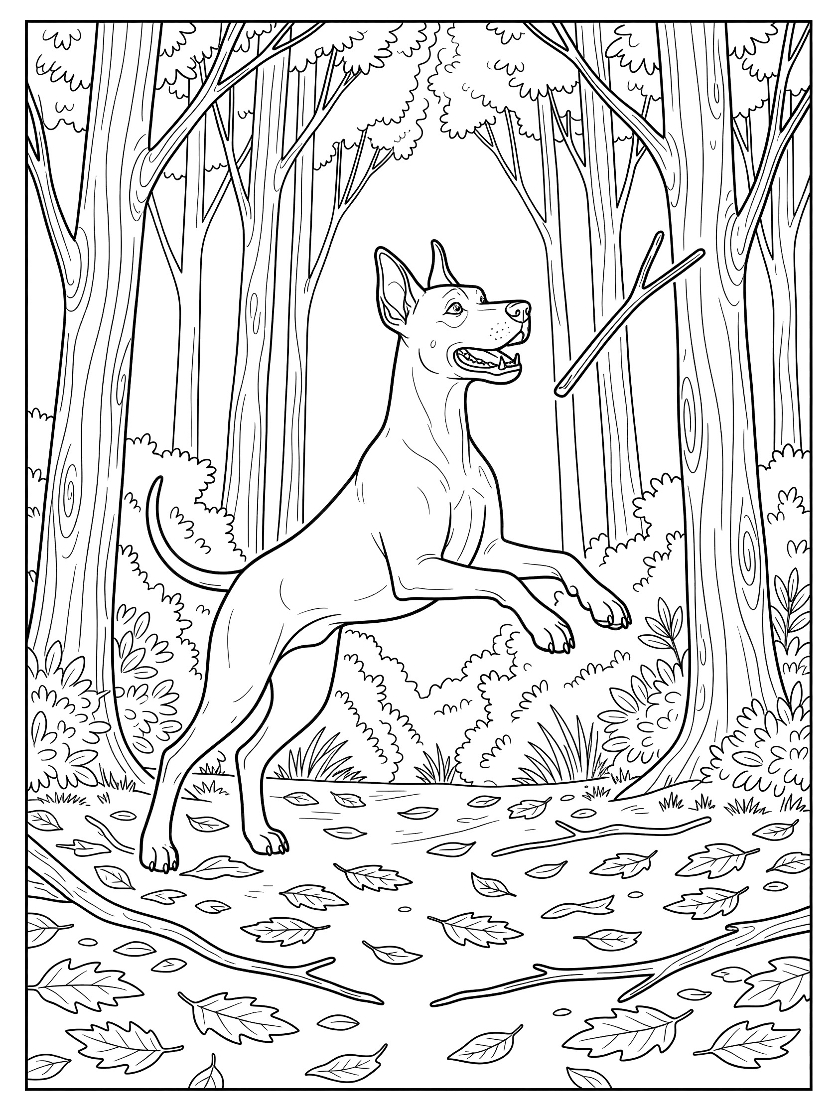 Black and white line art coloring page showing a large dog leaping mid-air to catch a stick, surrounded by tall trees, forest bushes, and scattered leaves and twigs on the ground. Great Dane themed black and white printable line art