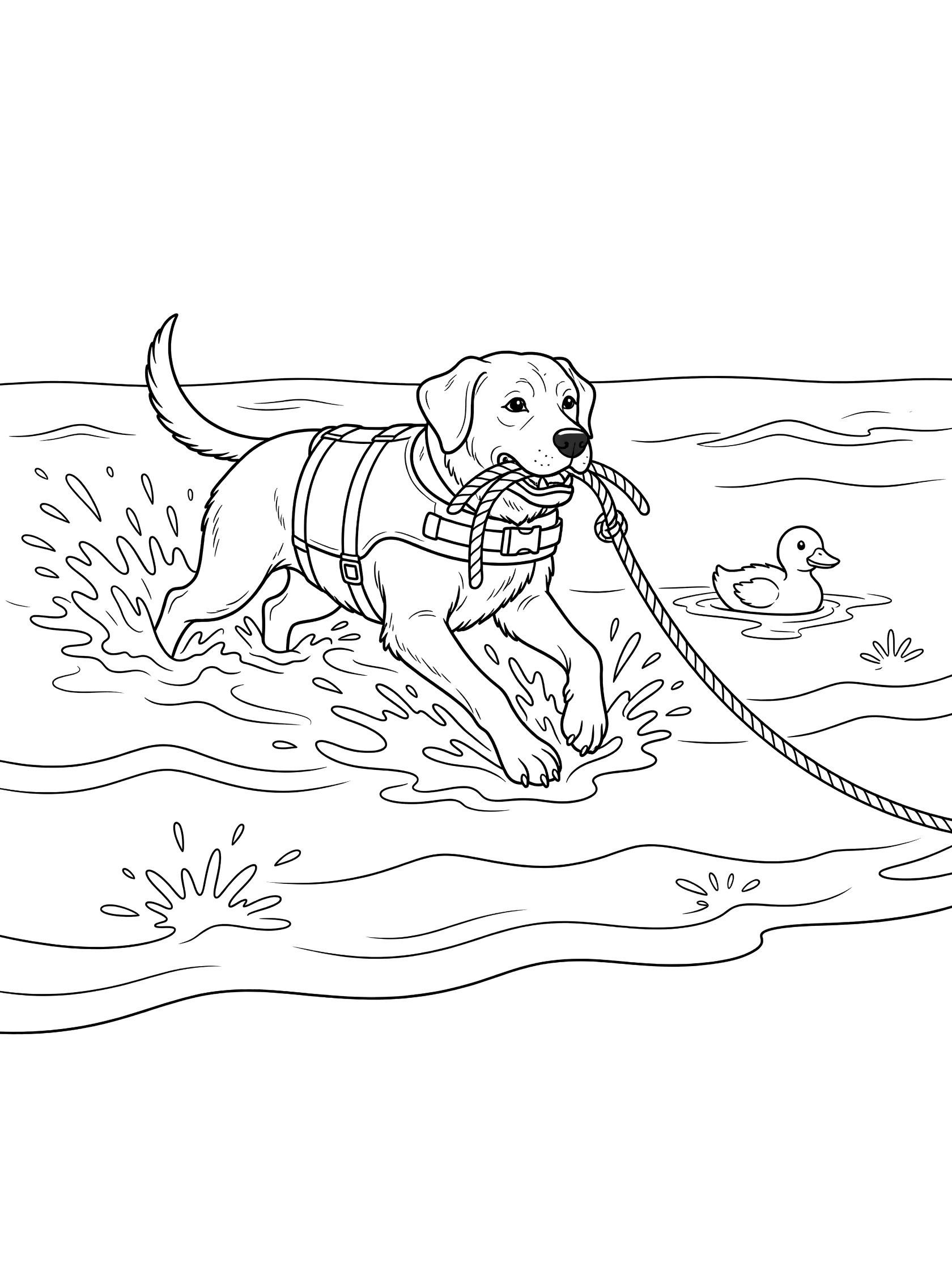 Black and white line art coloring page showing a Labrador puppy wearing a life vest, swimming in waves, pulling a duckling to shore with a rope, splashing water around. Labrador Retriever themed black and white printable line art