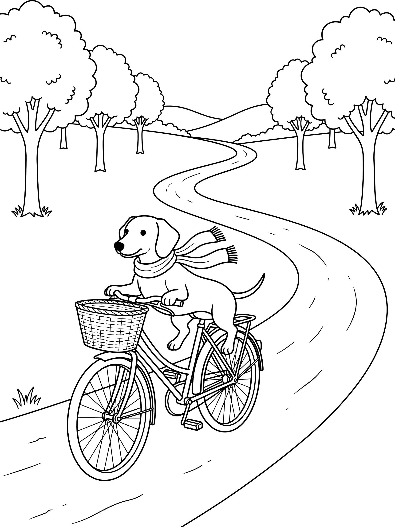 Black and white line art coloring page showing a dog pedaling a bicycle with a basket and scarf, riding down a curvy path lined by trees and hills. Dachshund themed black and white printable line art