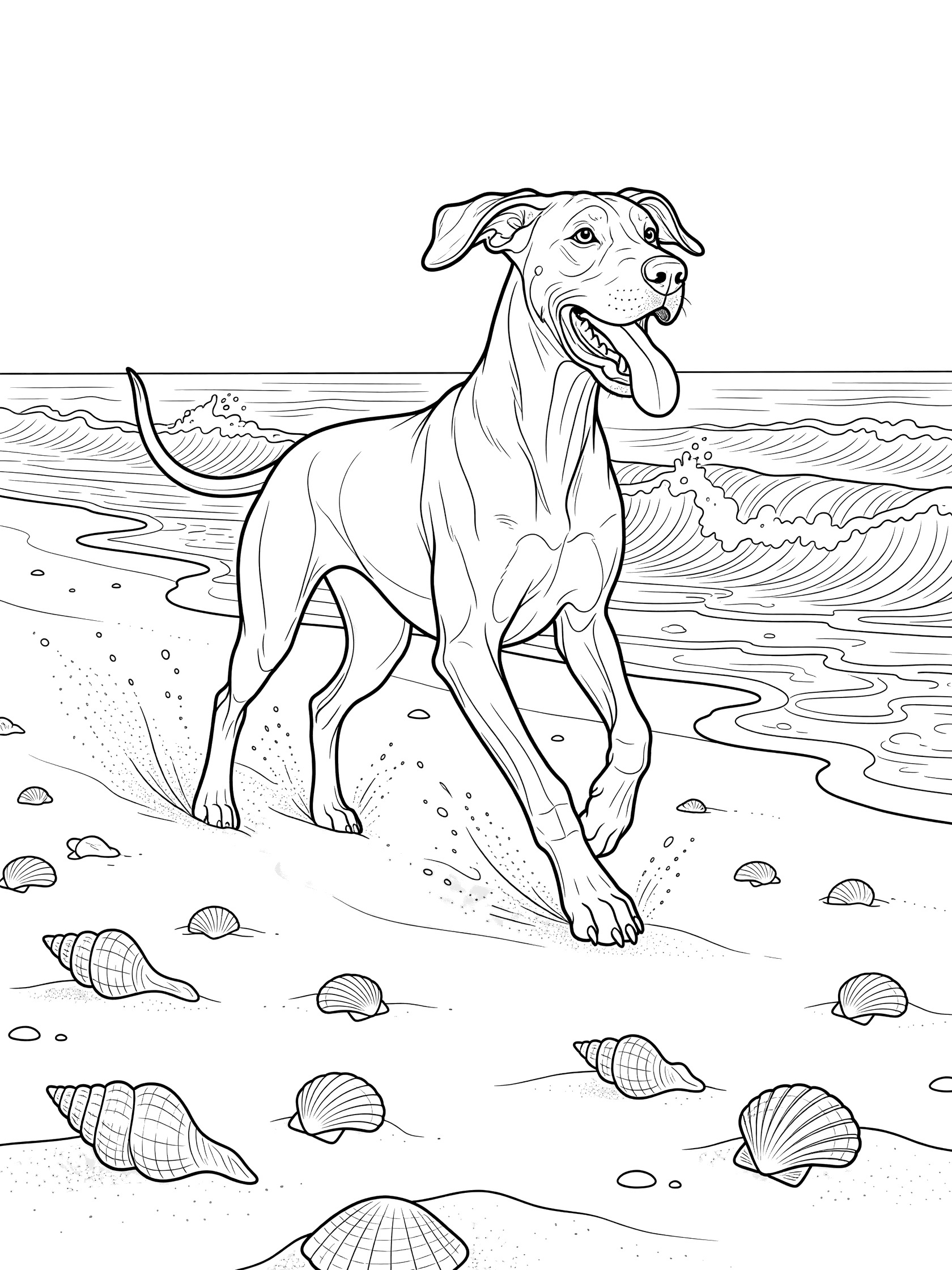 Black and white line art of a large dog running happily on a sandy beach with crashing waves and scattered seashells. Great Dane themed black and white printable line art