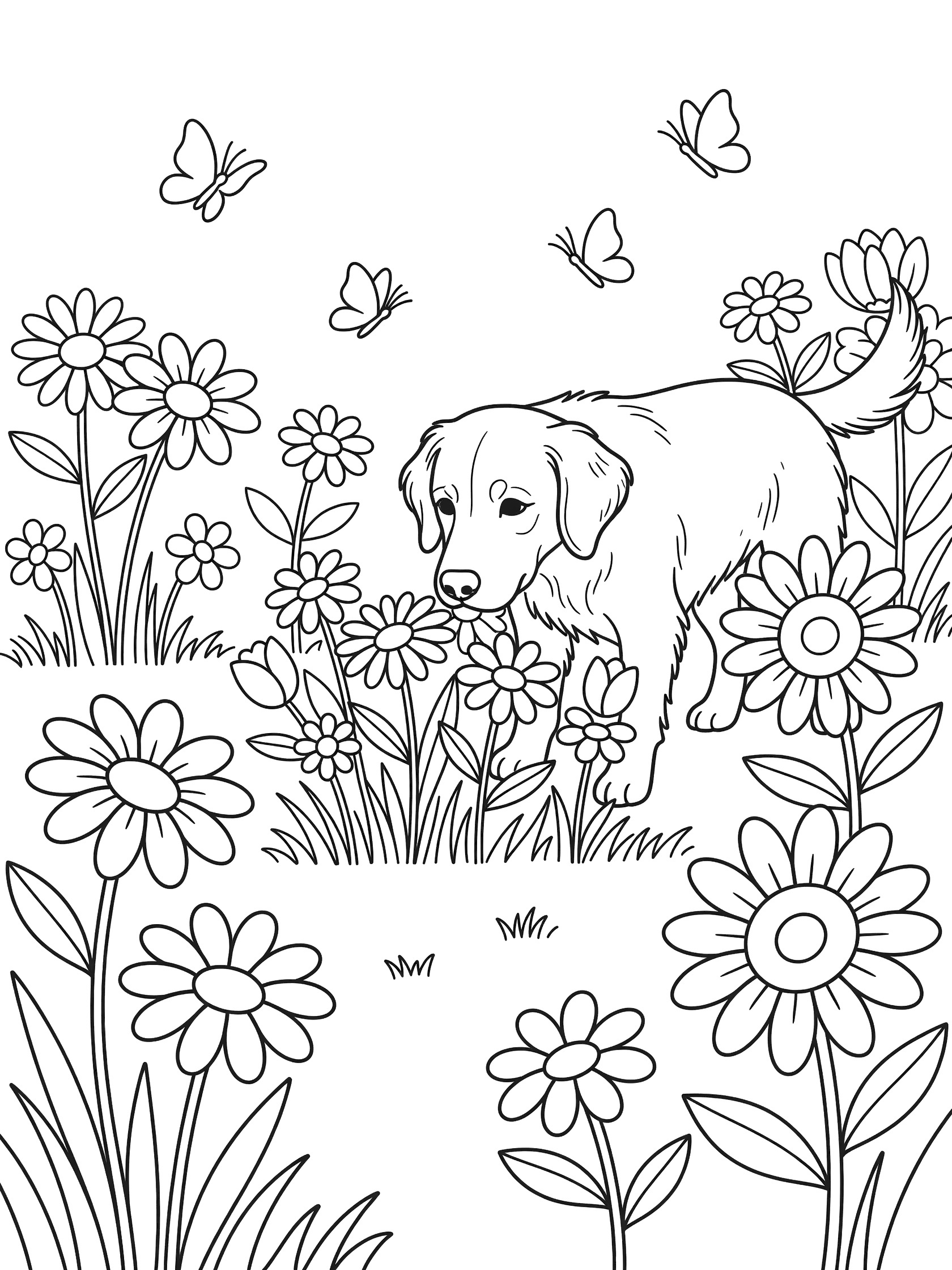 Black and white line art coloring page showing a dog with floppy ears sniffing a cluster of daisies surrounded by butterflies and grass. Golden Retriever themed black and white printable line art
