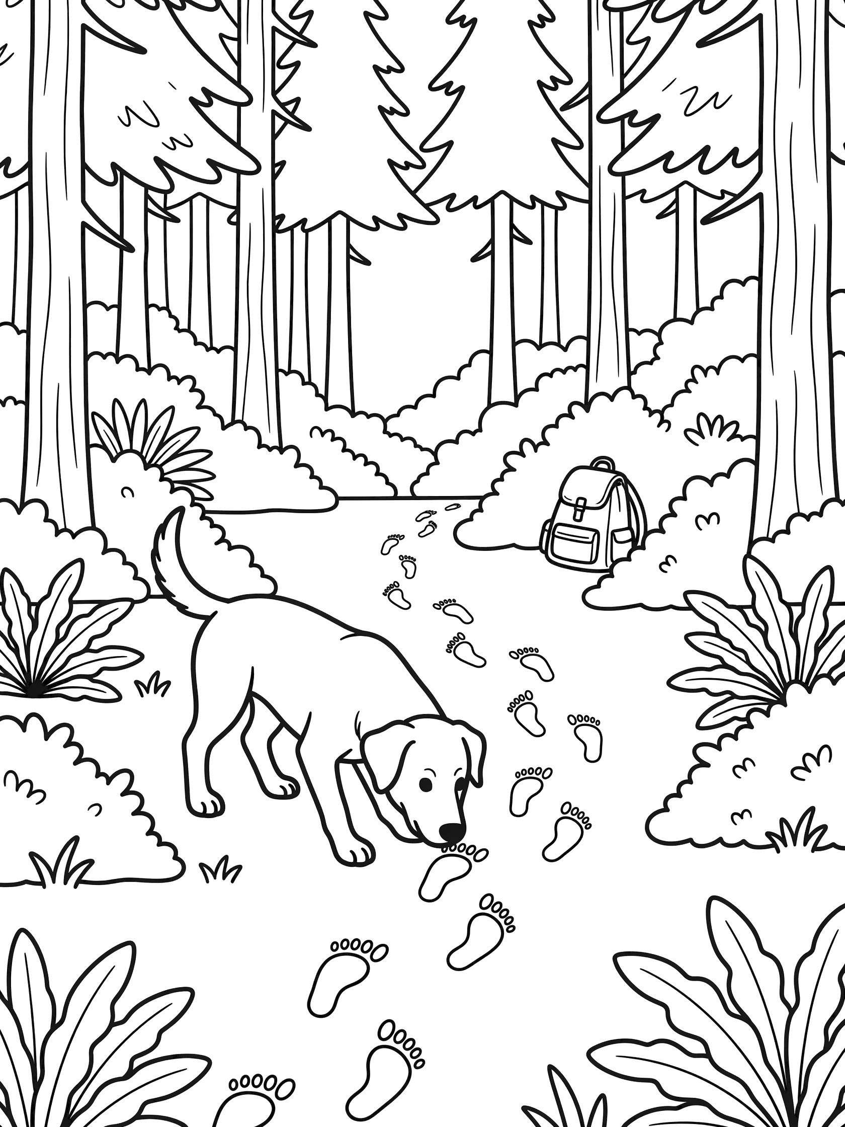 Black and white line art coloring page showing a dog with nose to ground sniffing human footprints on a path surrounded by tall trees, bushes, and a backpack in a forest. Rescue Dogs themed black and white printable line art