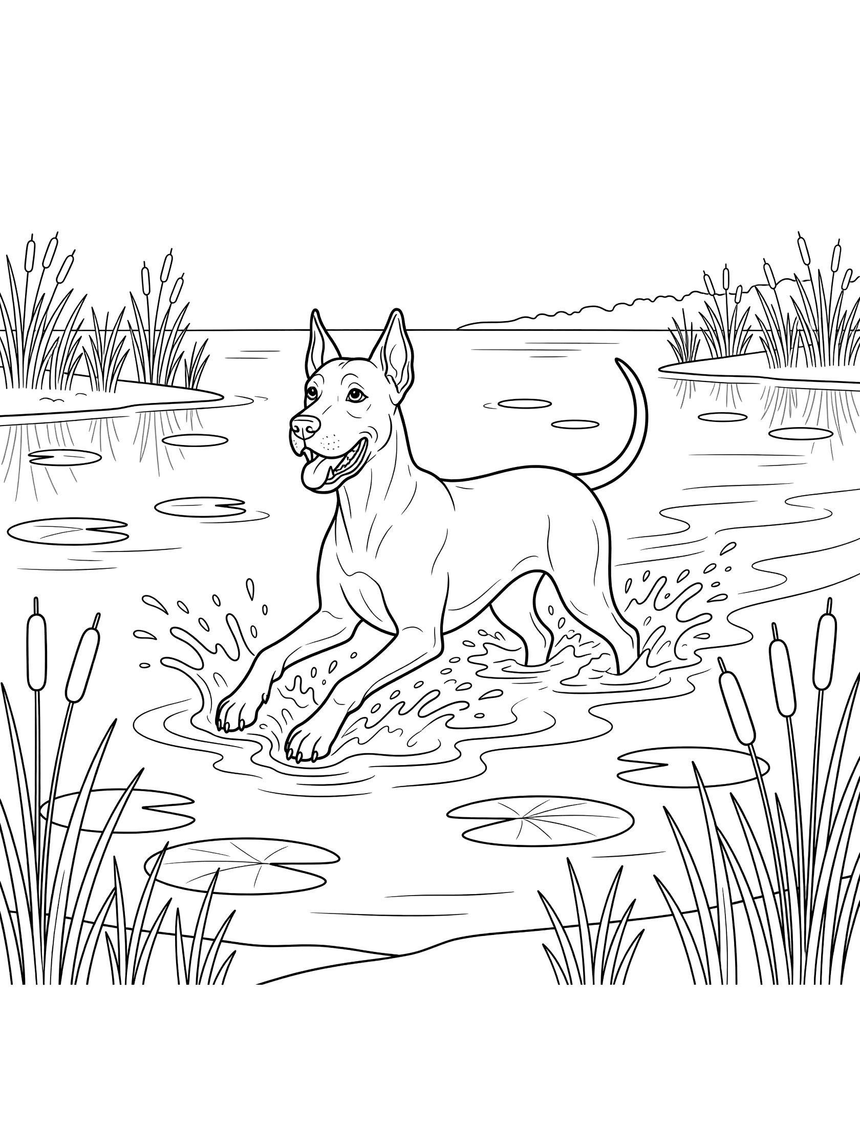 Black and white line art coloring page showing a large dog paddling in a pond with water splashes, lily pads, reeds, and calm water. Great Dane themed black and white printable line art