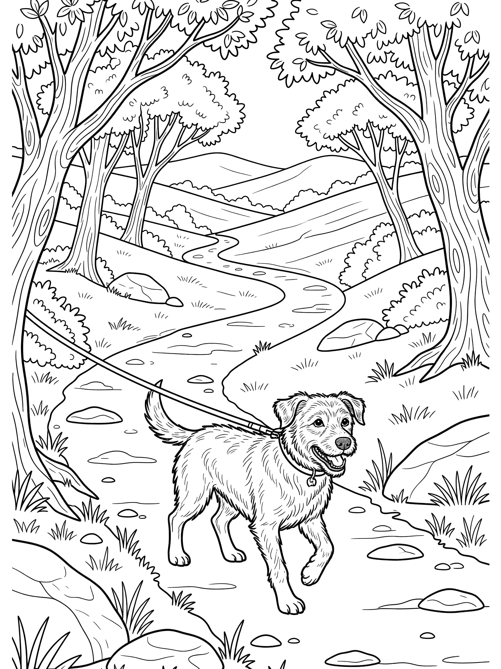 Black and white line art coloring page showing a dog with a leash walking energetically on a rocky path through a forest with trees, grass, a stream, rocks, and distant hills. Mutts themed black and white printable line art
