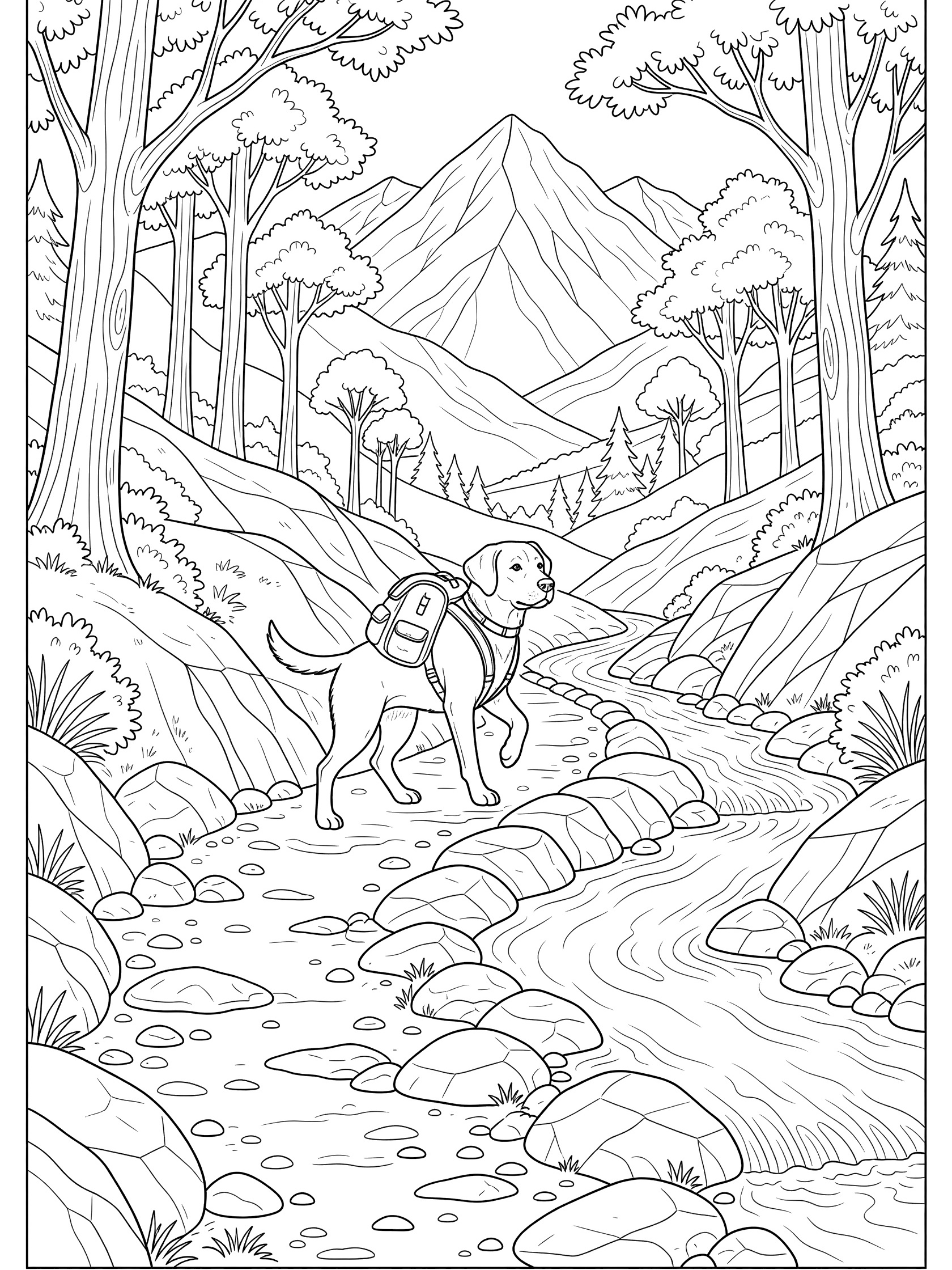 Black and white line art coloring page showing a dog with backpack hiking on a forest path beside a stream, with trees, rocks, and distant mountains. Labrador Retriever themed black and white printable line art