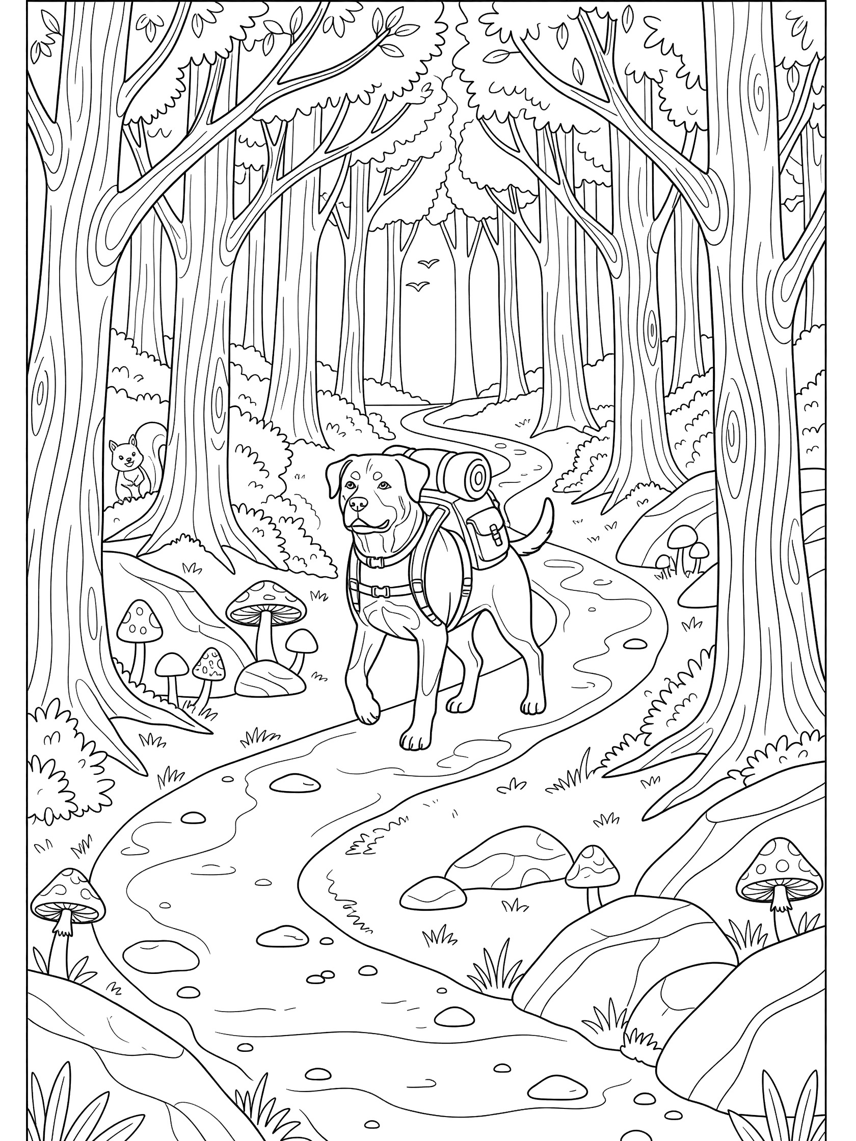 Black and white line art coloring page showing a dog wearing a backpack hiking along a curvy path in a forest with tall trees, mushrooms, rocks, bushes, and grass. Rottweiler themed black and white printable line art