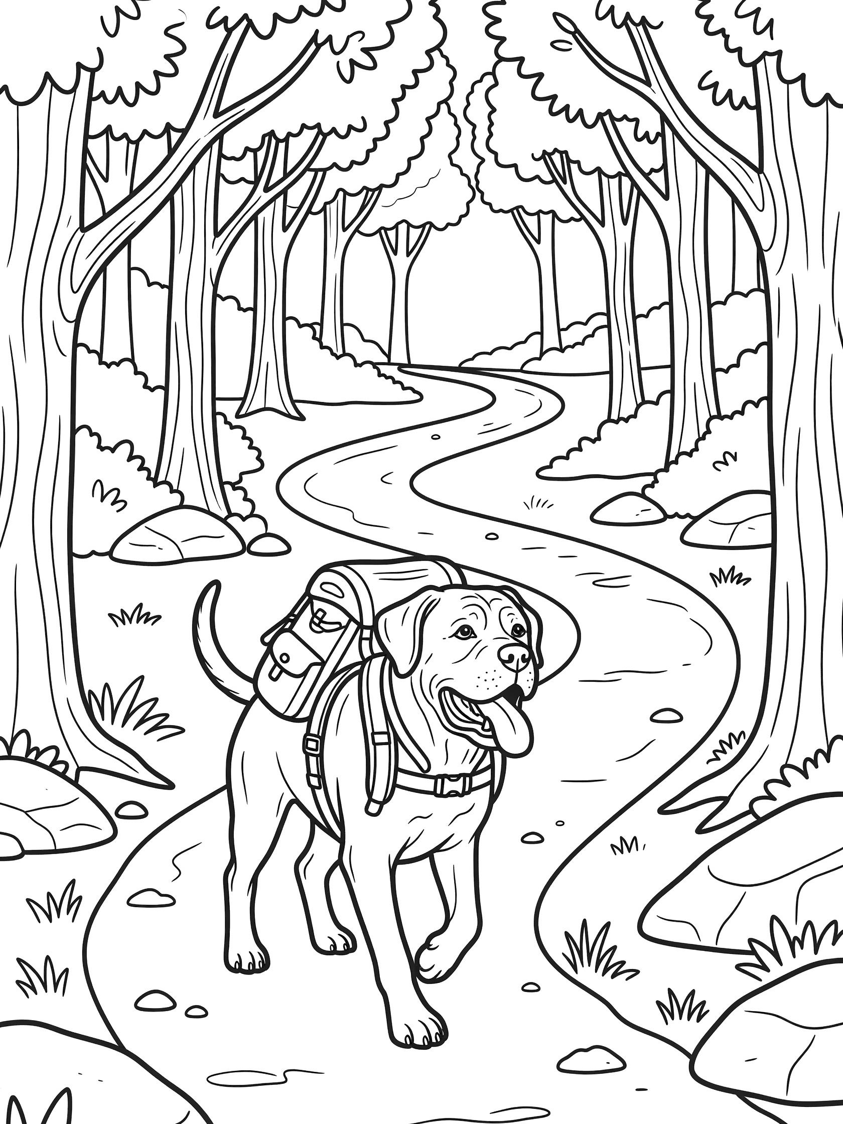 Black and white line art coloring page showing a dog wearing a backpack trotting along a curvy path in a forest with tall trees, bushes, rocks, and grass. Mastiff themed black and white printable line art