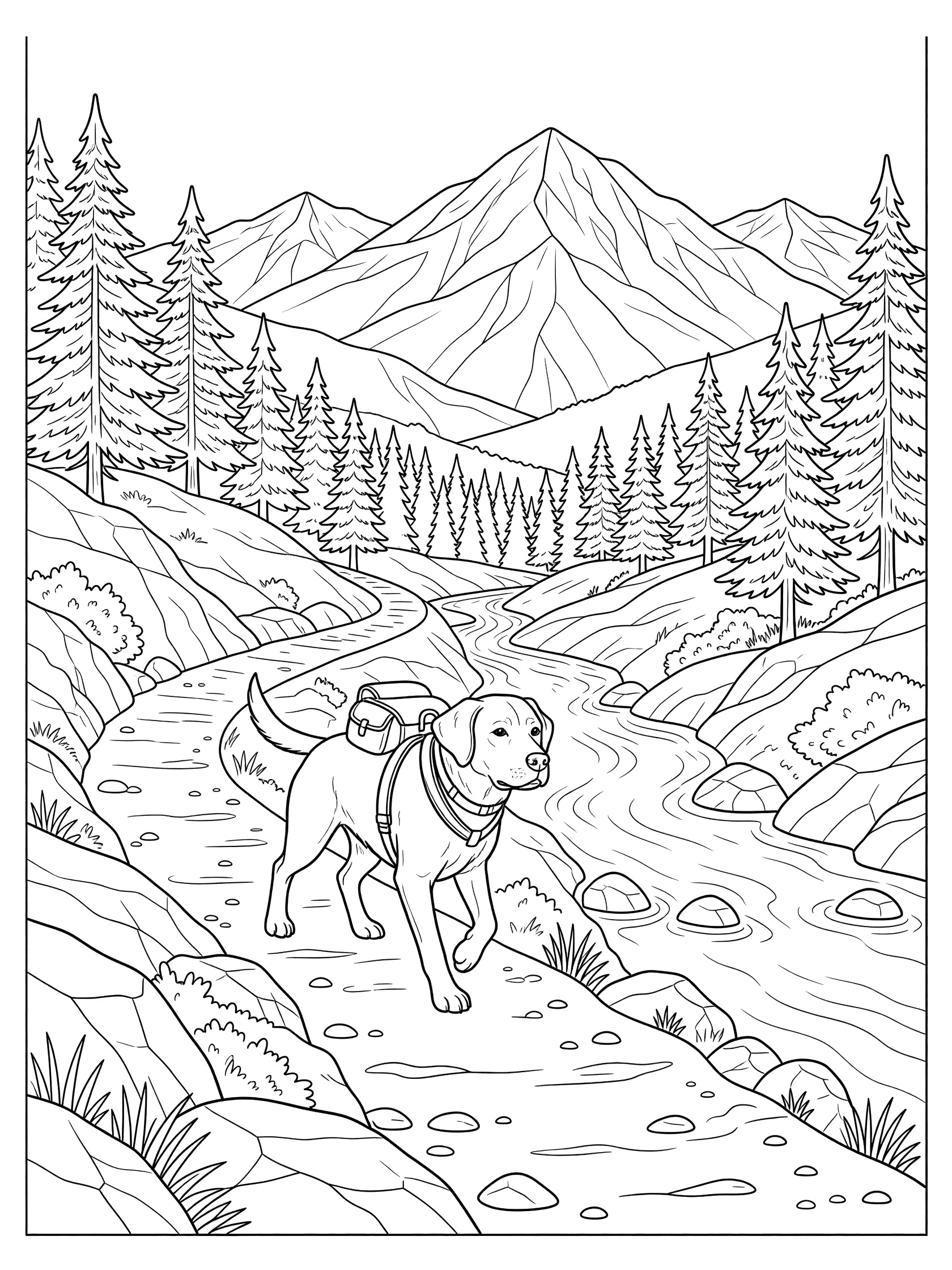 Black and white line art coloring page showing a Labrador dog wearing a backpack walking up a rocky trail beside a stream, with pine trees, bushes, rocks, and tall mountains in the background. Labrador Retriever themed black and white printable line art