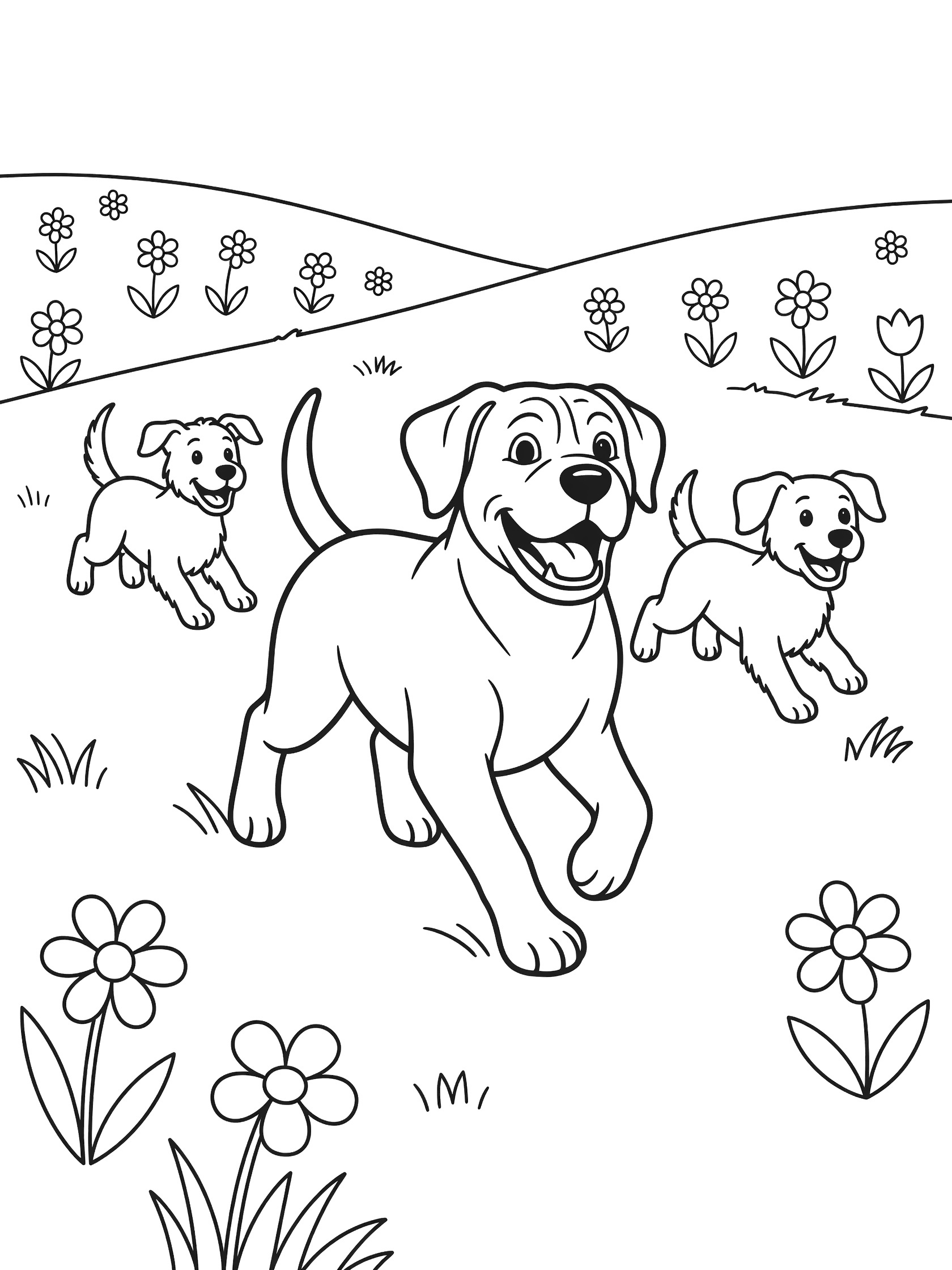 Black and white line art coloring page showing four dogs including one larger dog and three puppies chasing each other with wagging tails in a grassy field full of flowers and hills. Mastiff themed black and white printable line art