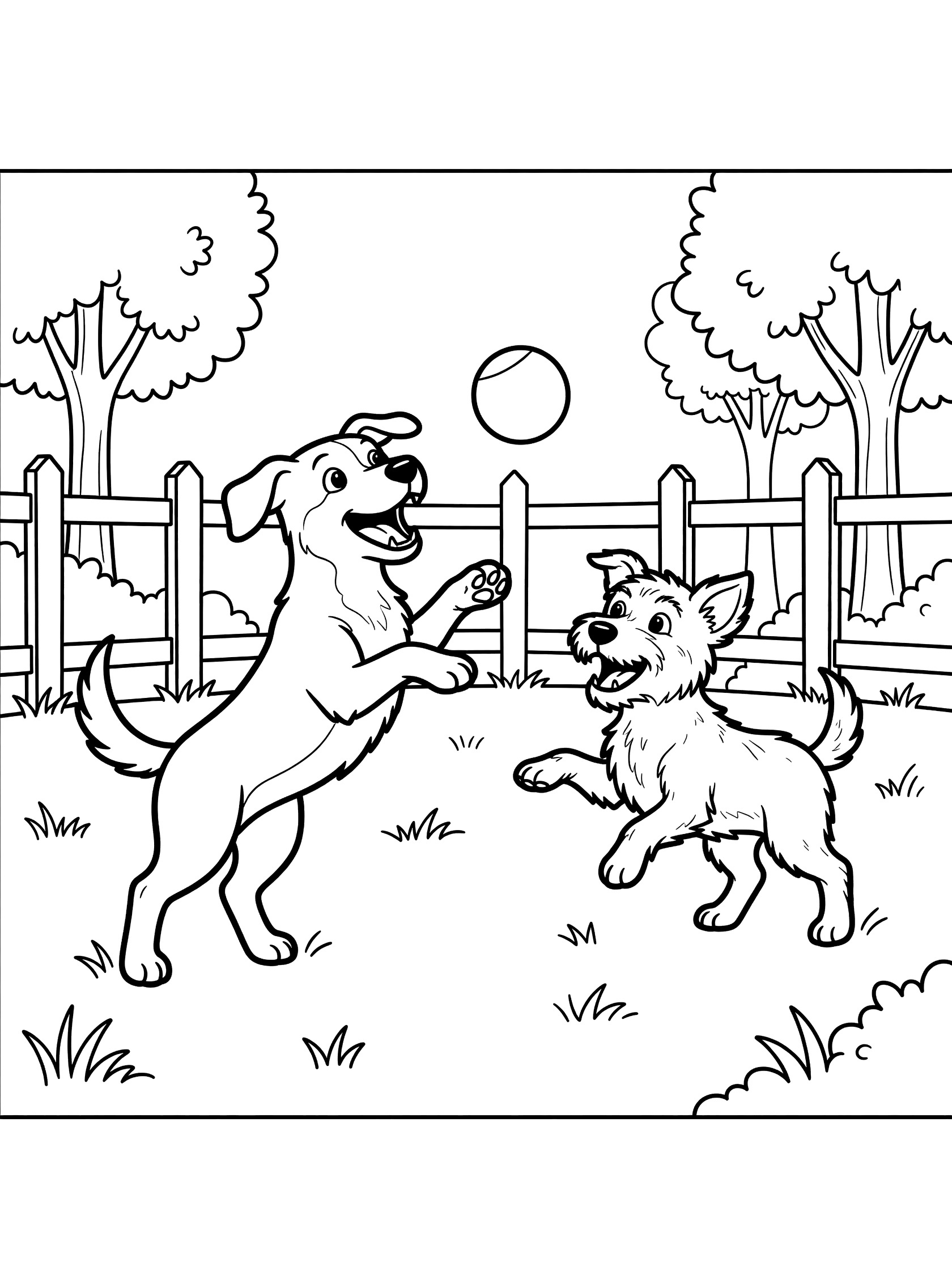 Black and white line art coloring page showing two happy dogs, one leaping for a ball tossed by the other, in a simple yard with grass, trees, and fence. Rescue Dogs themed black and white printable line art