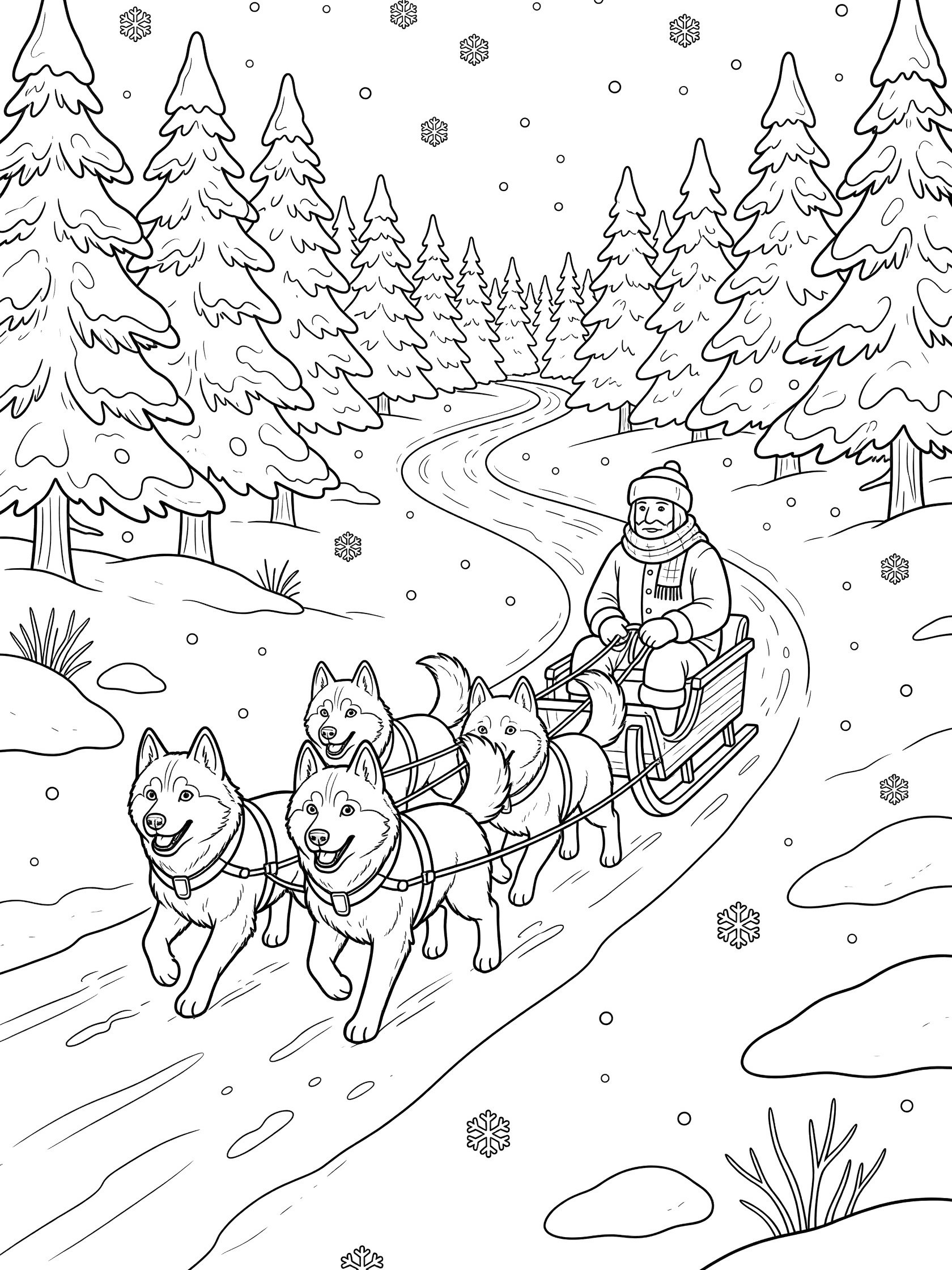 Black and white line art coloring page of fluffy huskies pulling a wooden sled with a bundled musher on a snowy trail lined with pine trees and snowdrifts. Husky themed black and white printable line art
