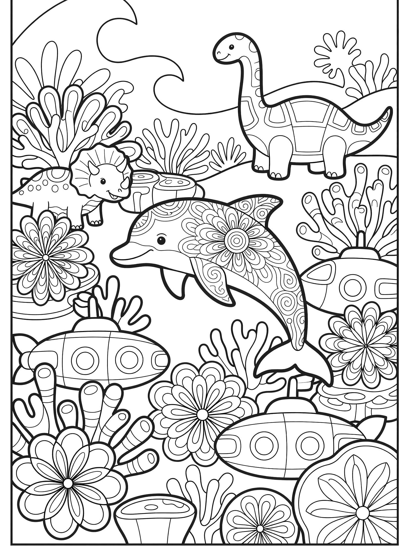 Printable coloring page of a dolphin swimming in a coral reef with friendly dinosaurs, mandala-lite design for kindergarten children.