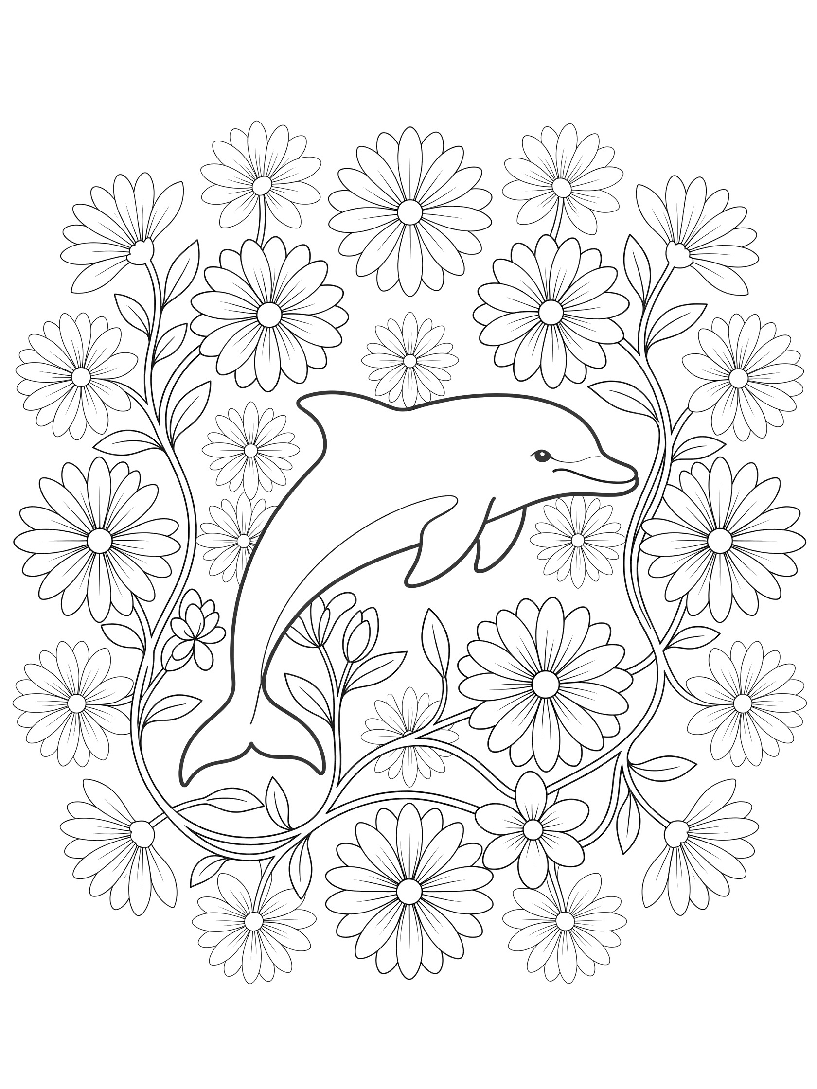 Printable coloring page showing a dolphin in the center with symmetrical flowers, vines, and leaves forming a mandala pattern, all in black line art on white background.