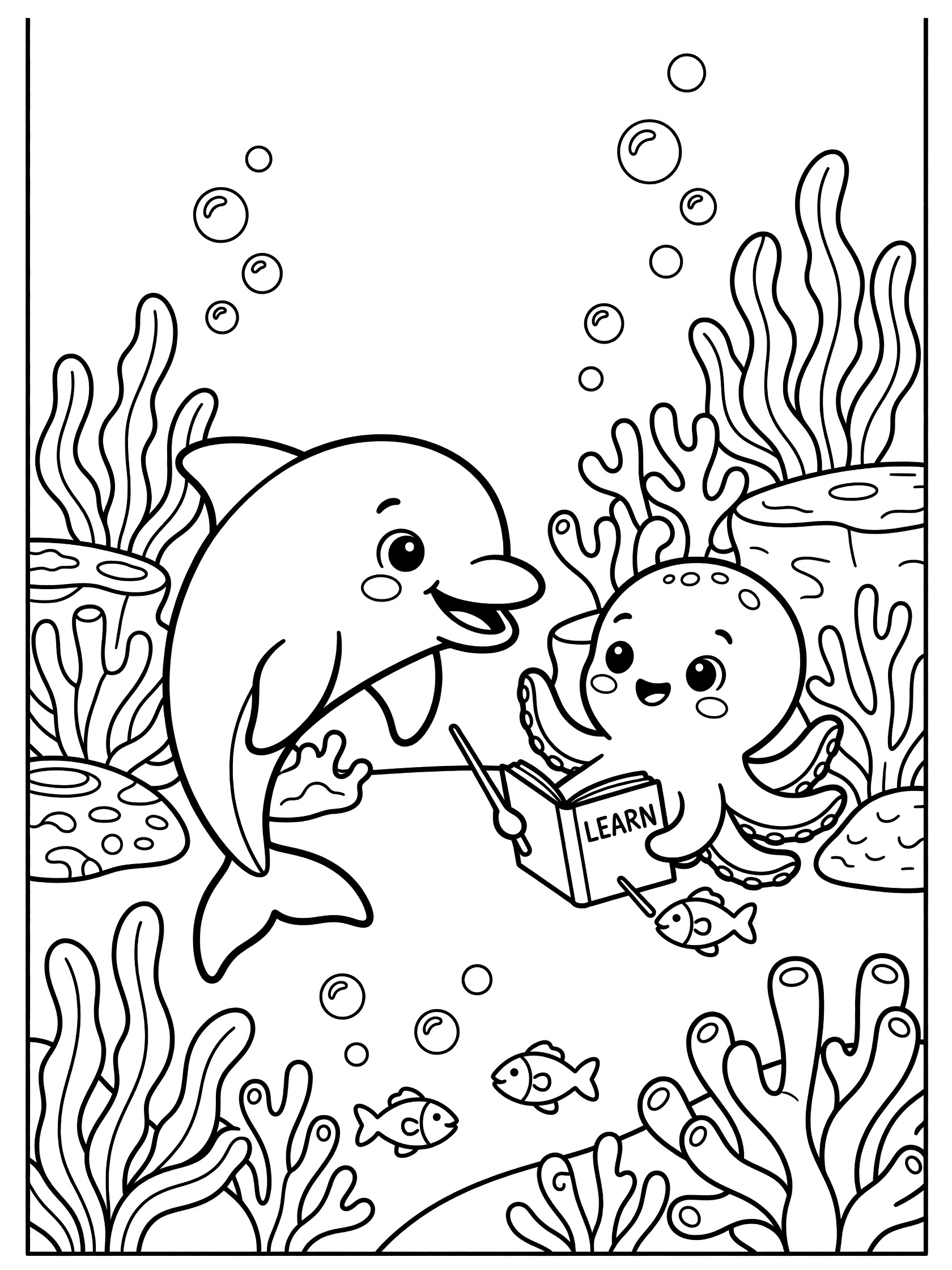 Cute cartoon dolphin and octopus reading a book in a coral reef with fish and seaweed, black and white printable coloring page for kids.