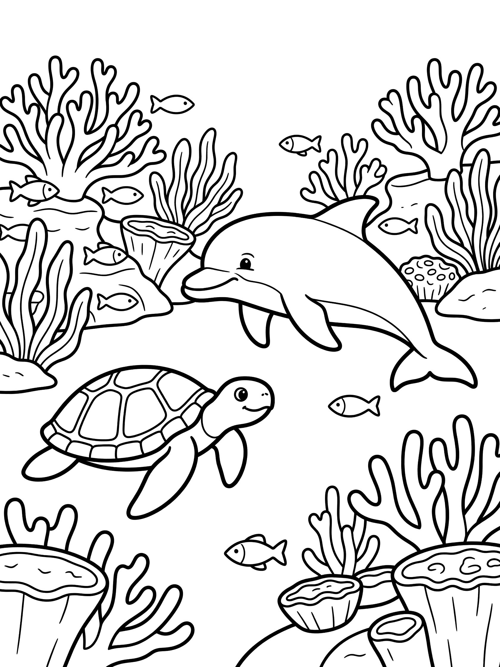 Black and white coloring page showing a dolphin swimming with a sea turtle among coral reef plants and rocks, bold thick outlines for kids.