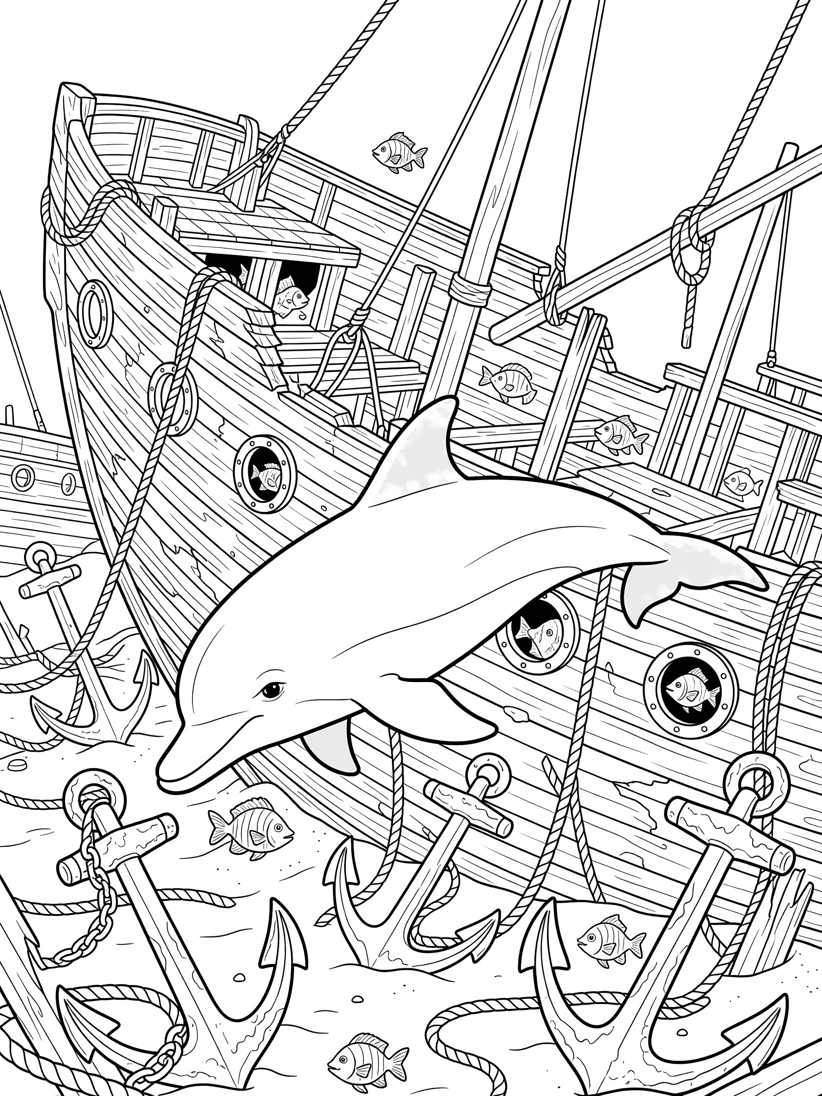 Black and white line art coloring page showing a dolphin swimming near a sunken wooden shipwreck with open portholes, hanging ropes, chains, anchors on the sea floor and small fish around.