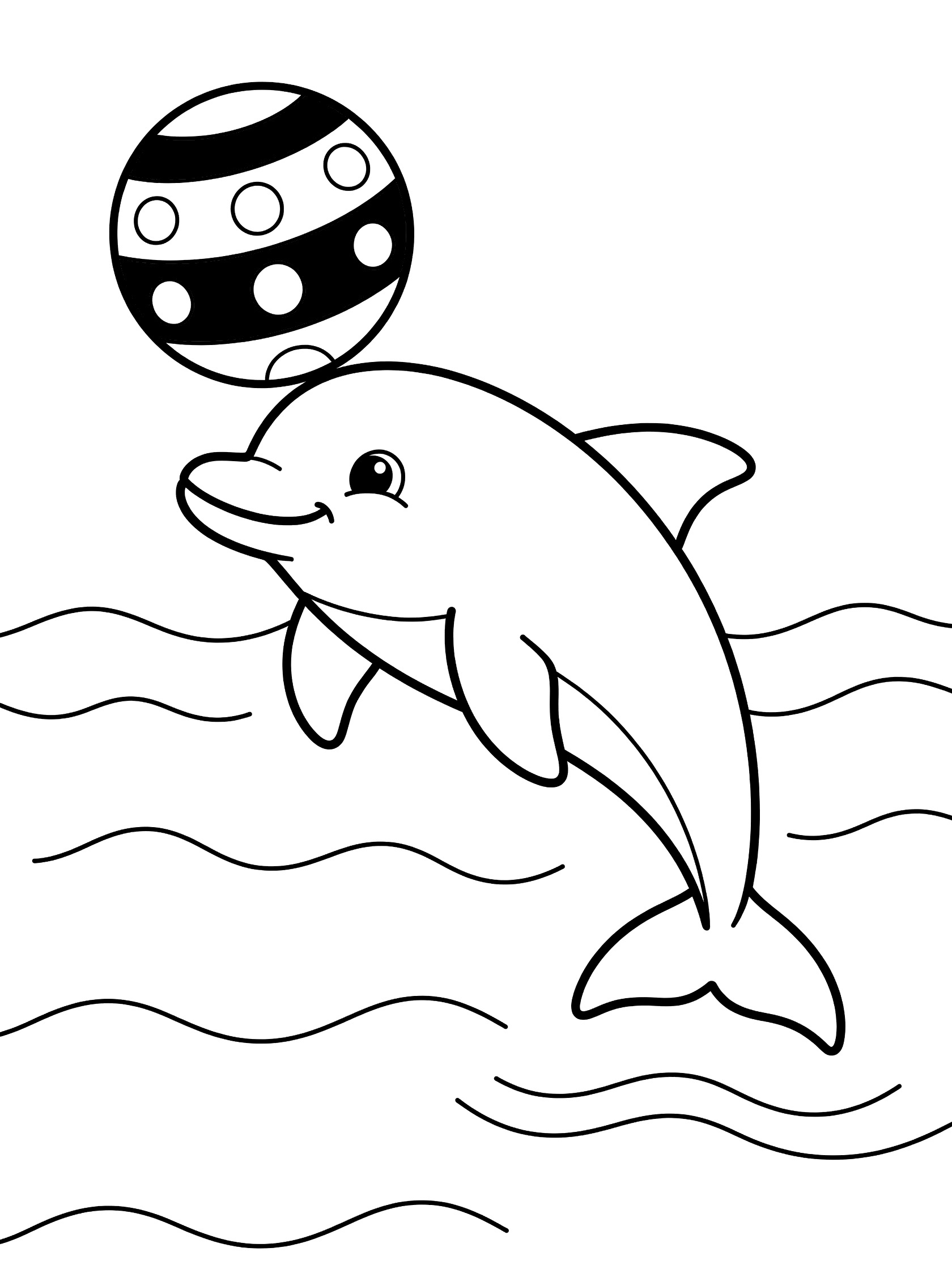 Black and white line art coloring page showing a happy dolphin balancing a round patterned ball on its nose in wavy water.