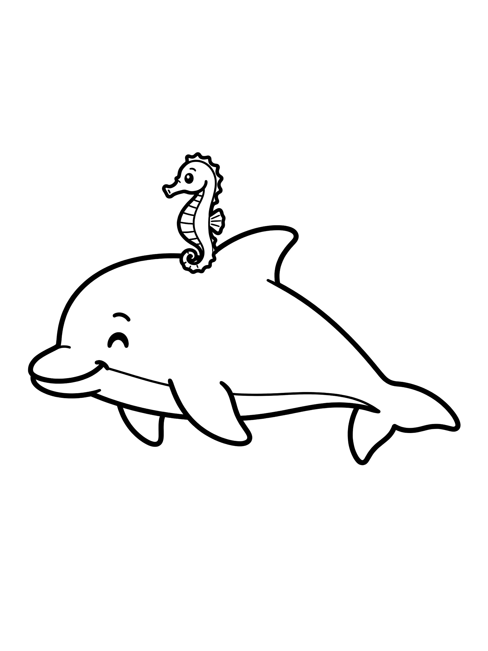 Black and white line art coloring page showing a smiling dolphin with a small seahorse riding on its fin