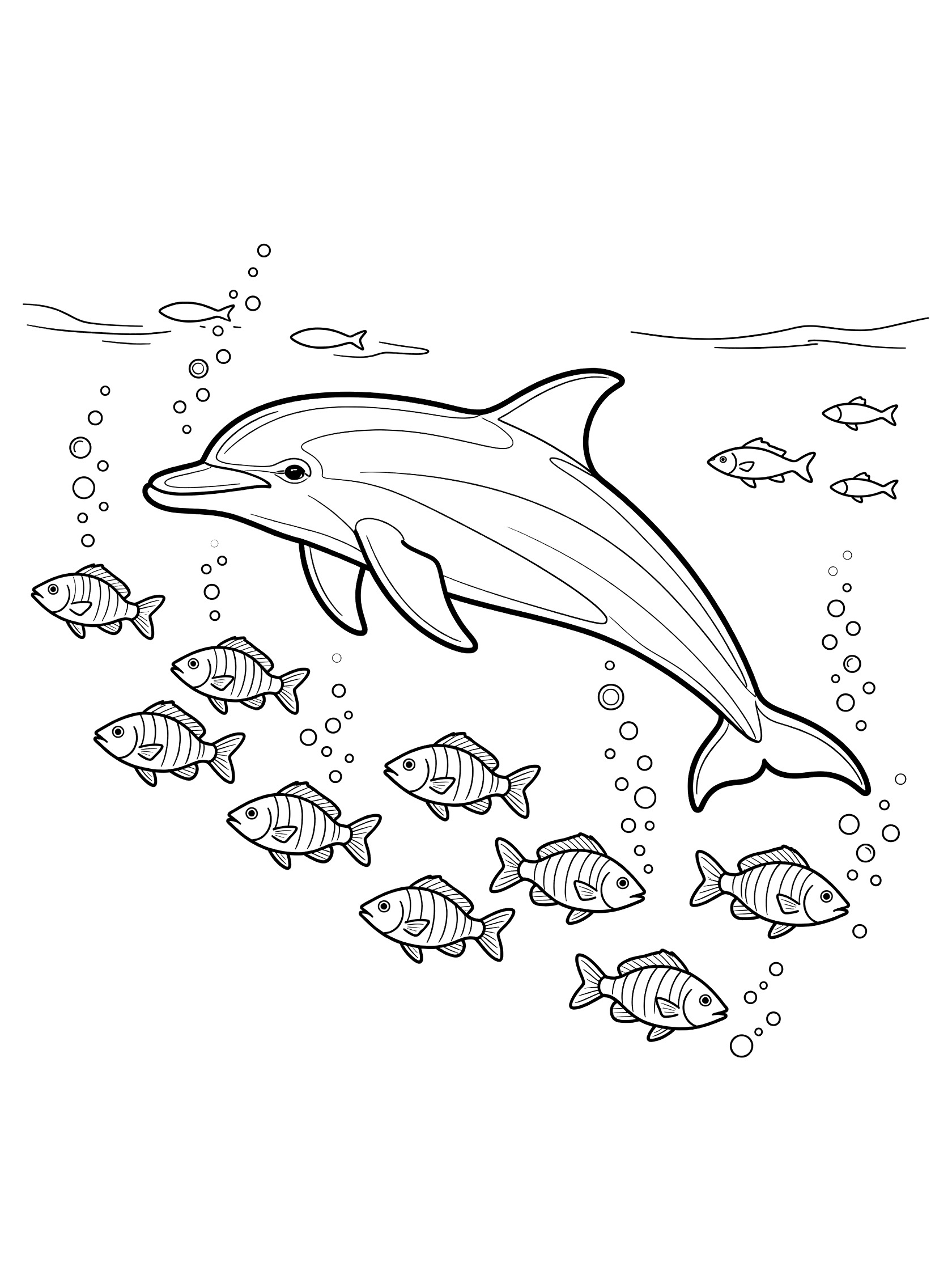 Black and white line art coloring page showing a dolphin swimming after a group of striped fish surrounded by bubbles underwater.