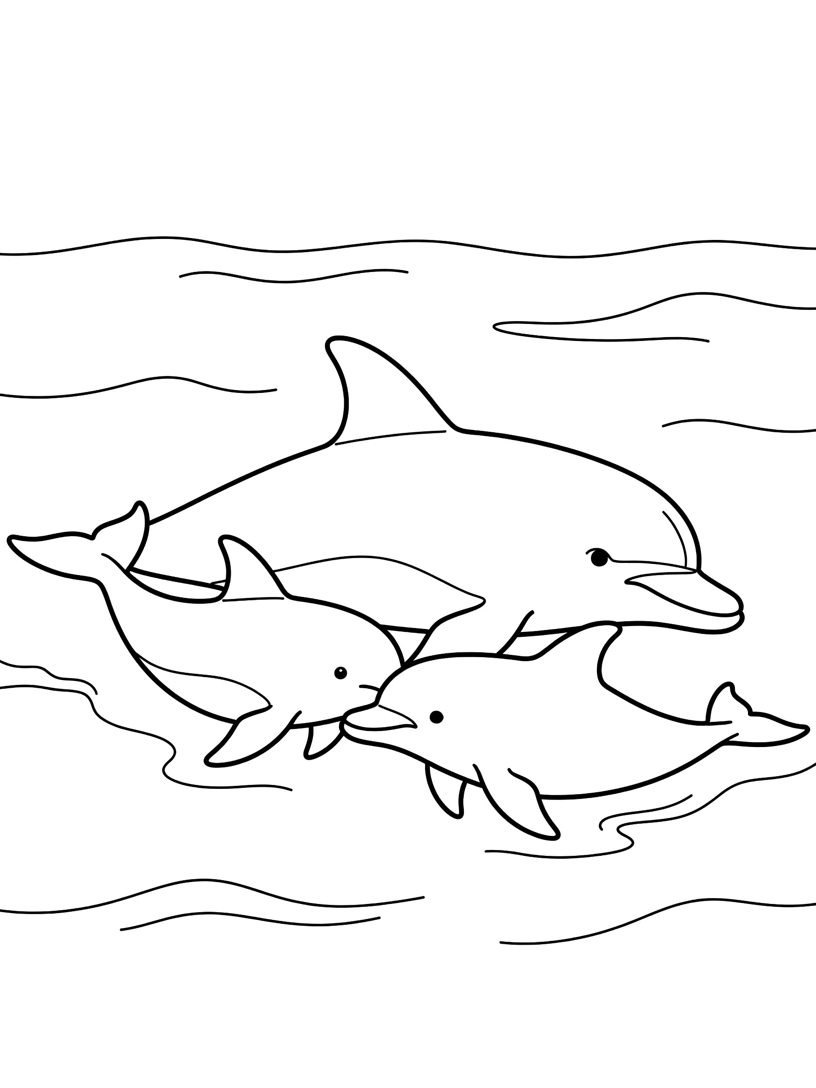 Black and white line art coloring page showing a mom dolphin and baby dolphin swimming close together with fins touching in ocean waves.