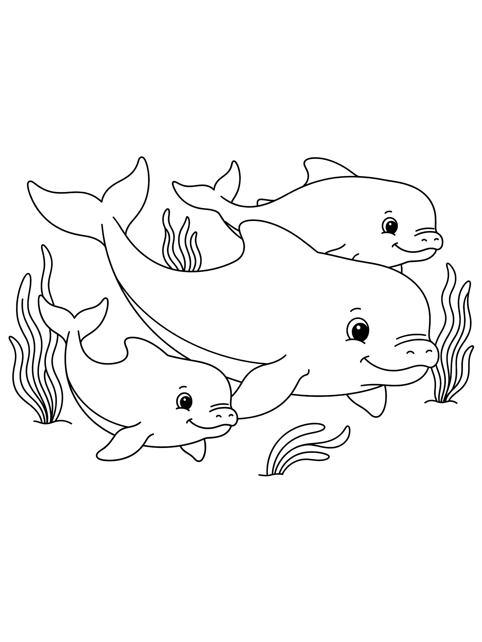 Black and white line art coloring page showing three dolphins with big eyes swimming together surrounded by seaweed in the ocean. Megalodon themed black and white printable line art
