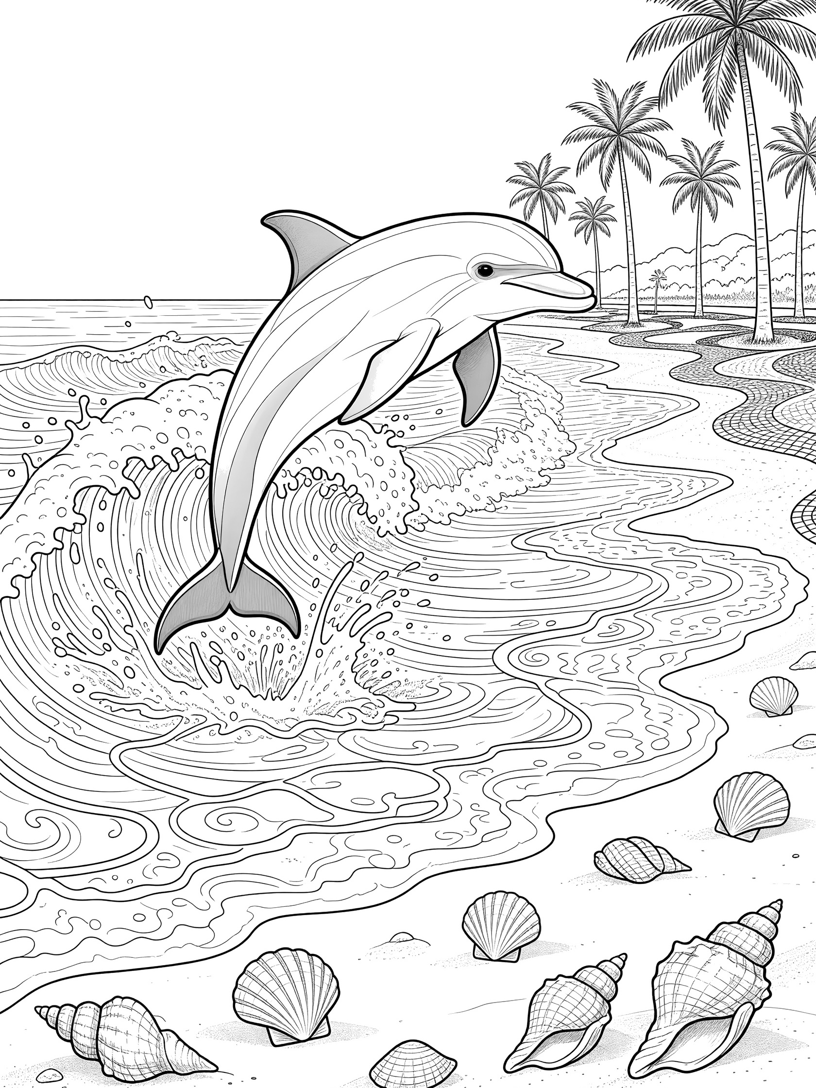 Printable coloring page showing a dolphin jumping out of wavy ocean water near a sandy beach with seashells and tall palm trees. Copacabana themed black and white printable line art
