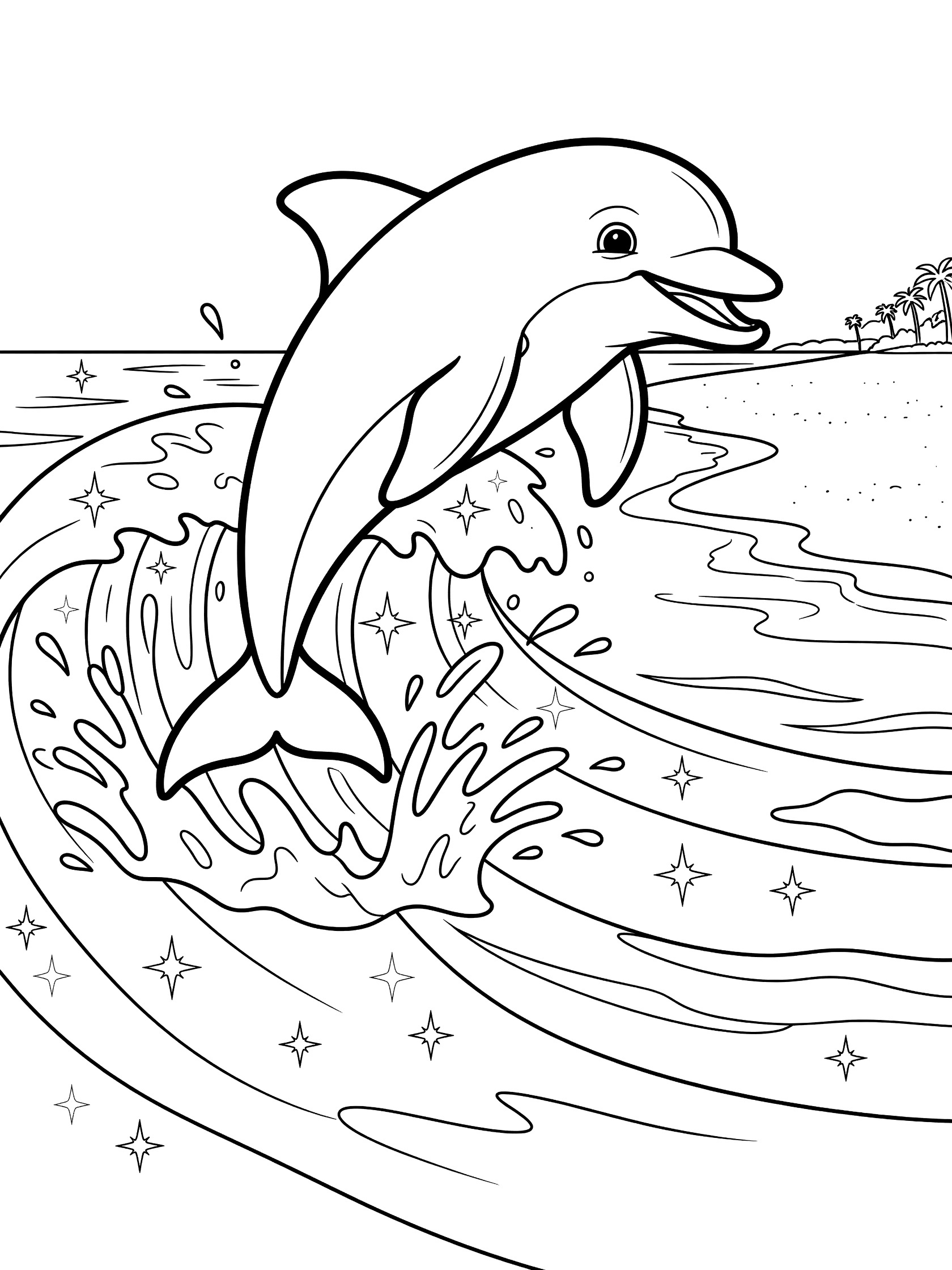Black and white line art coloring page showing a happy dolphin leaping out of sparkling ocean waves with water splashes and distant sandy beach. Hawaii themed black and white printable line art