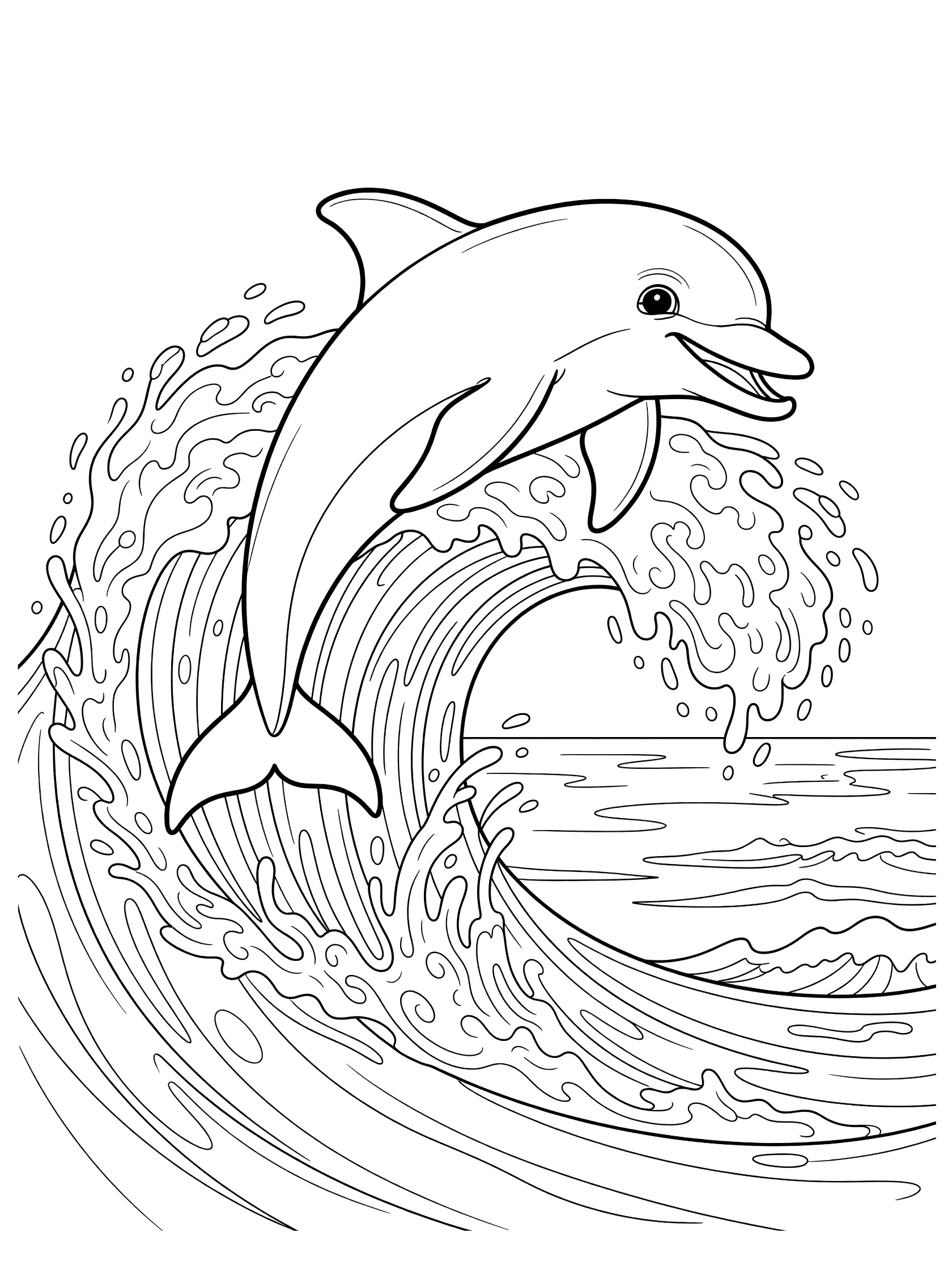 Black and white line art coloring page showing a smiling dolphin jumping out of a curling ocean wave with swirling water spray. J-Bay themed black and white printable line art