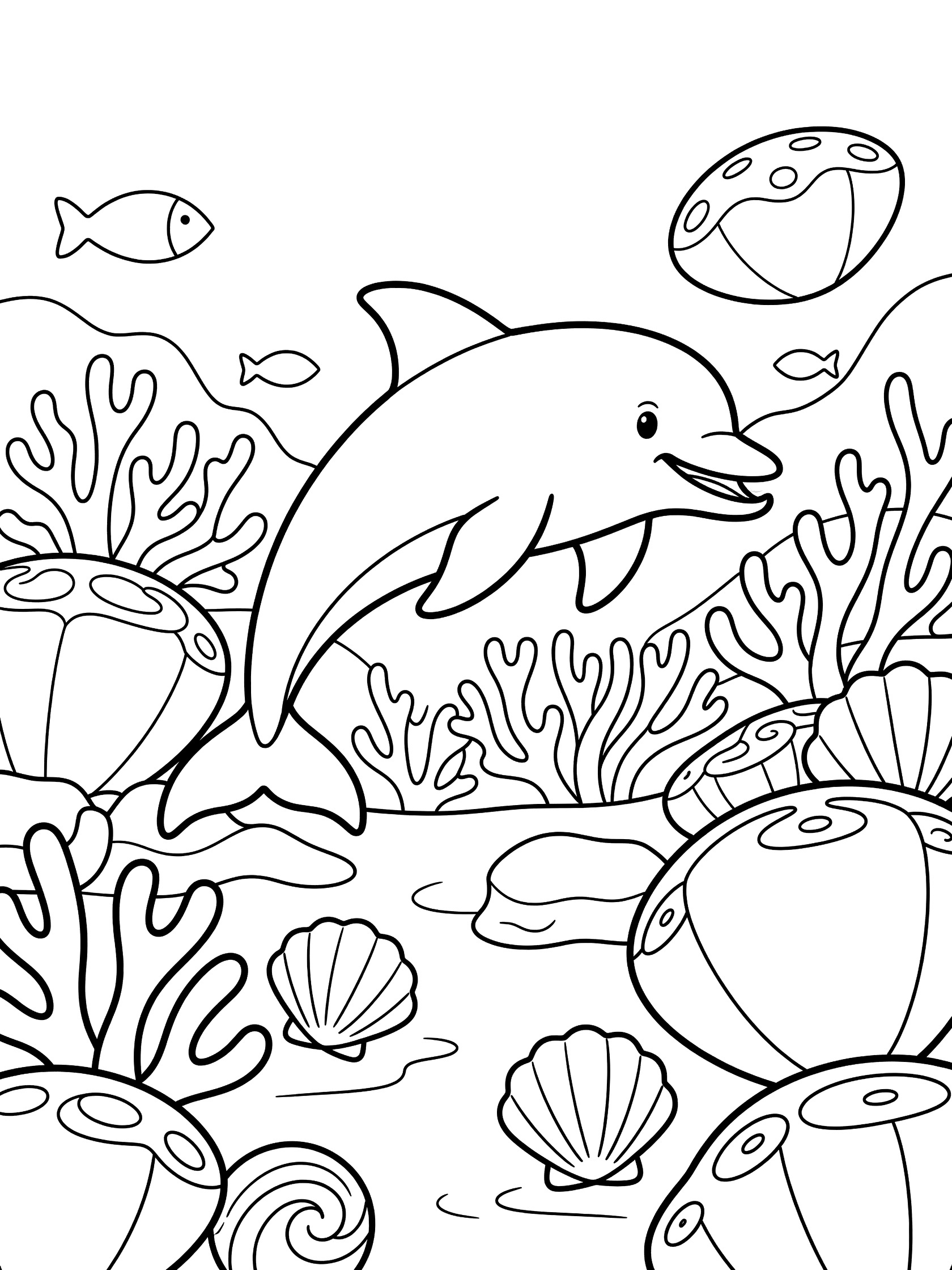 Black and white printable coloring page showing a happy dolphin jumping over coral reef with fish, anemones and shells in a storybook style.