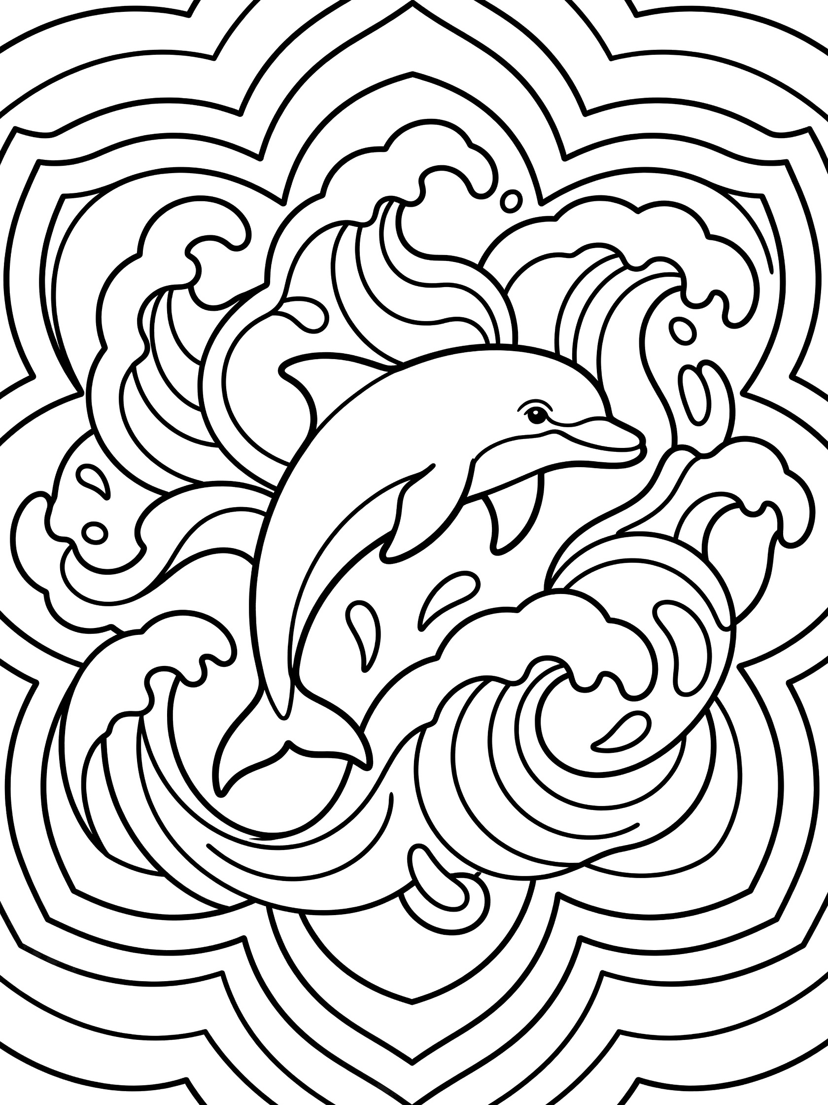 Black and white line art coloring page showing a dolphin leaping in the center of a symmetrical mandala with swirling waves and foam patterns.