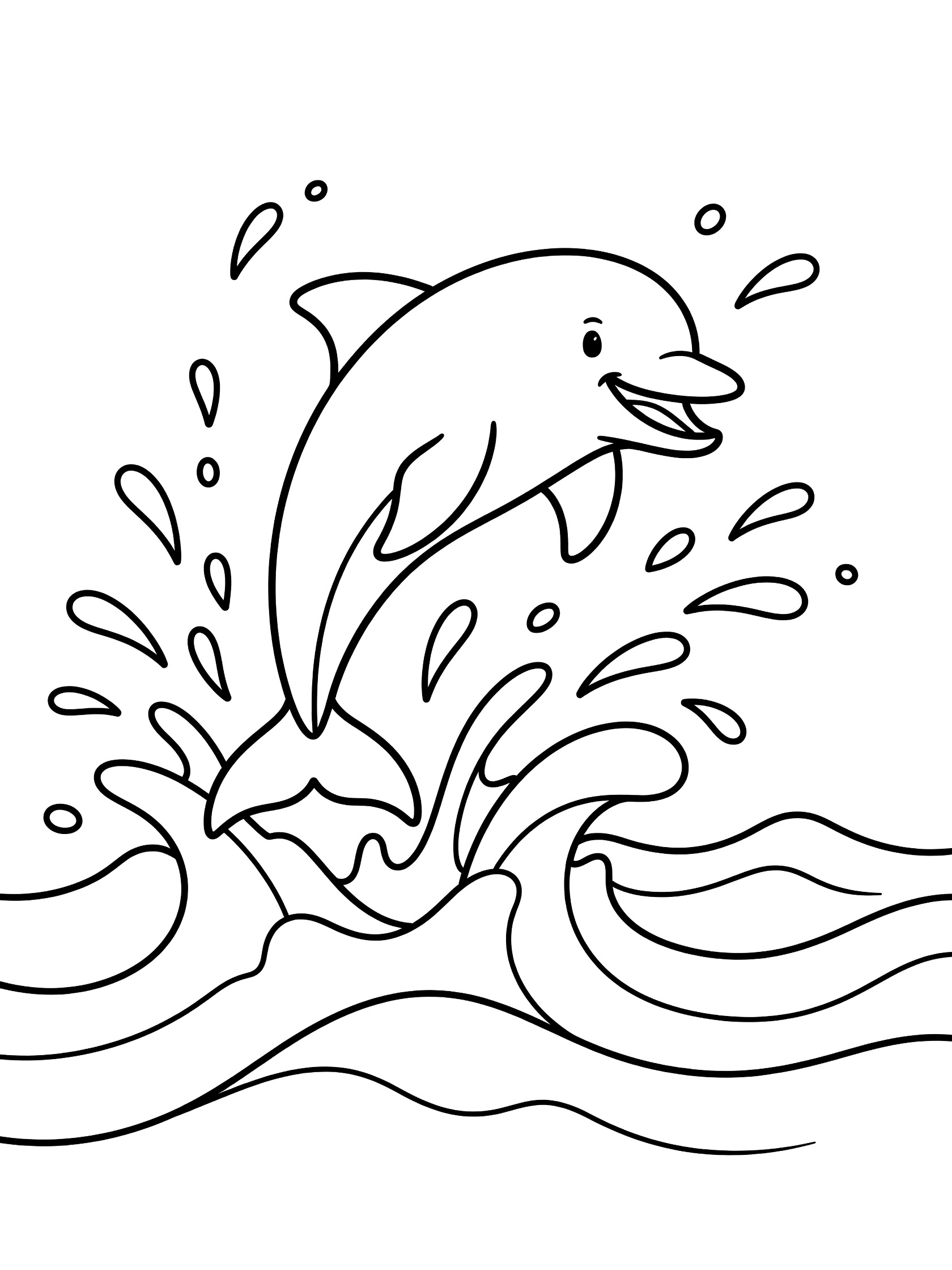 Black and white line drawing of a happy dolphin jumping out of wavy ocean water with water droplets splashing around it