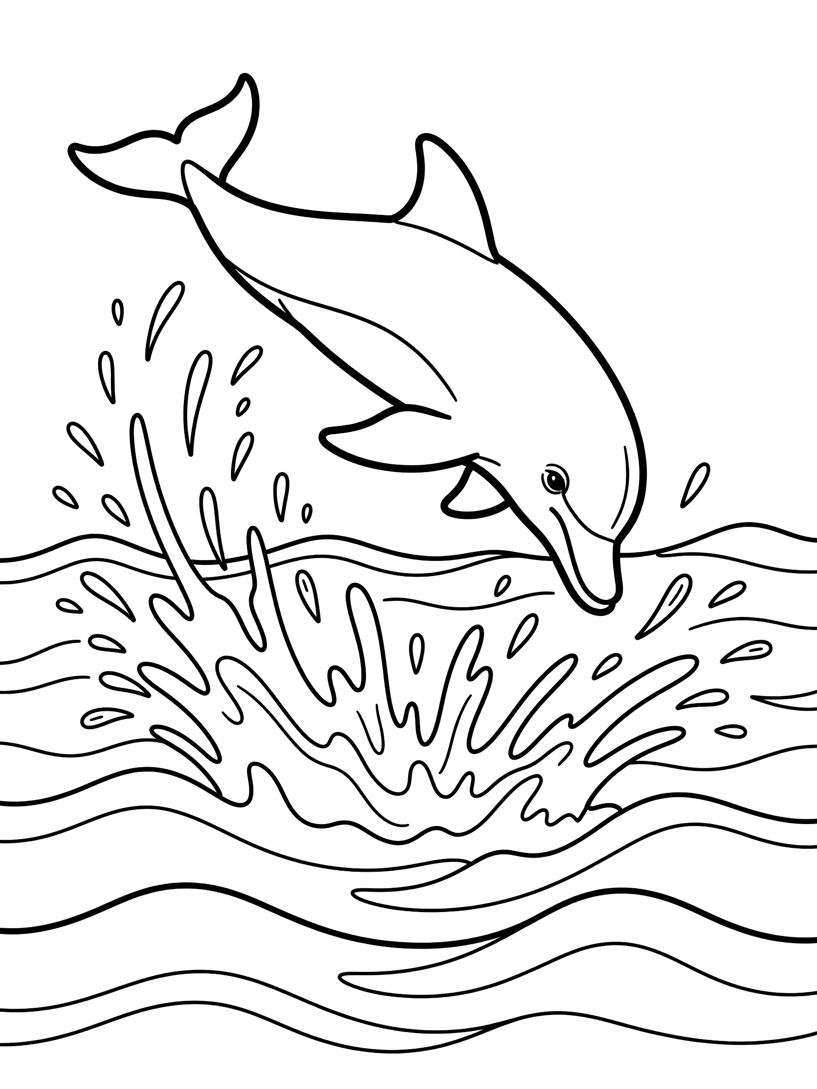 Black and white line art coloring page showing a dolphin flipping backward high above wavy ocean water with splashing droplets.