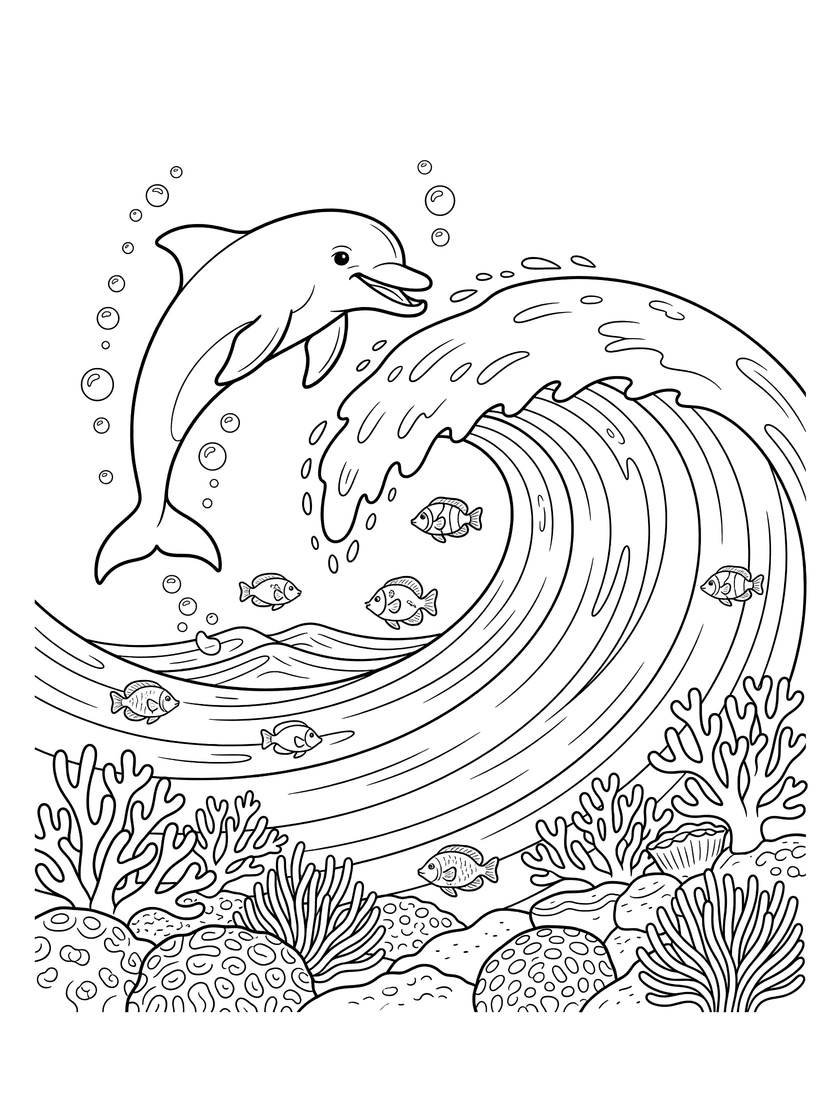 Printable coloring page showing a playful dolphin jumping high from a curling ocean wave, with trailing bubbles, small fish swimming nearby, and coral reef at the base. Teahupo'o themed black and white printable line art