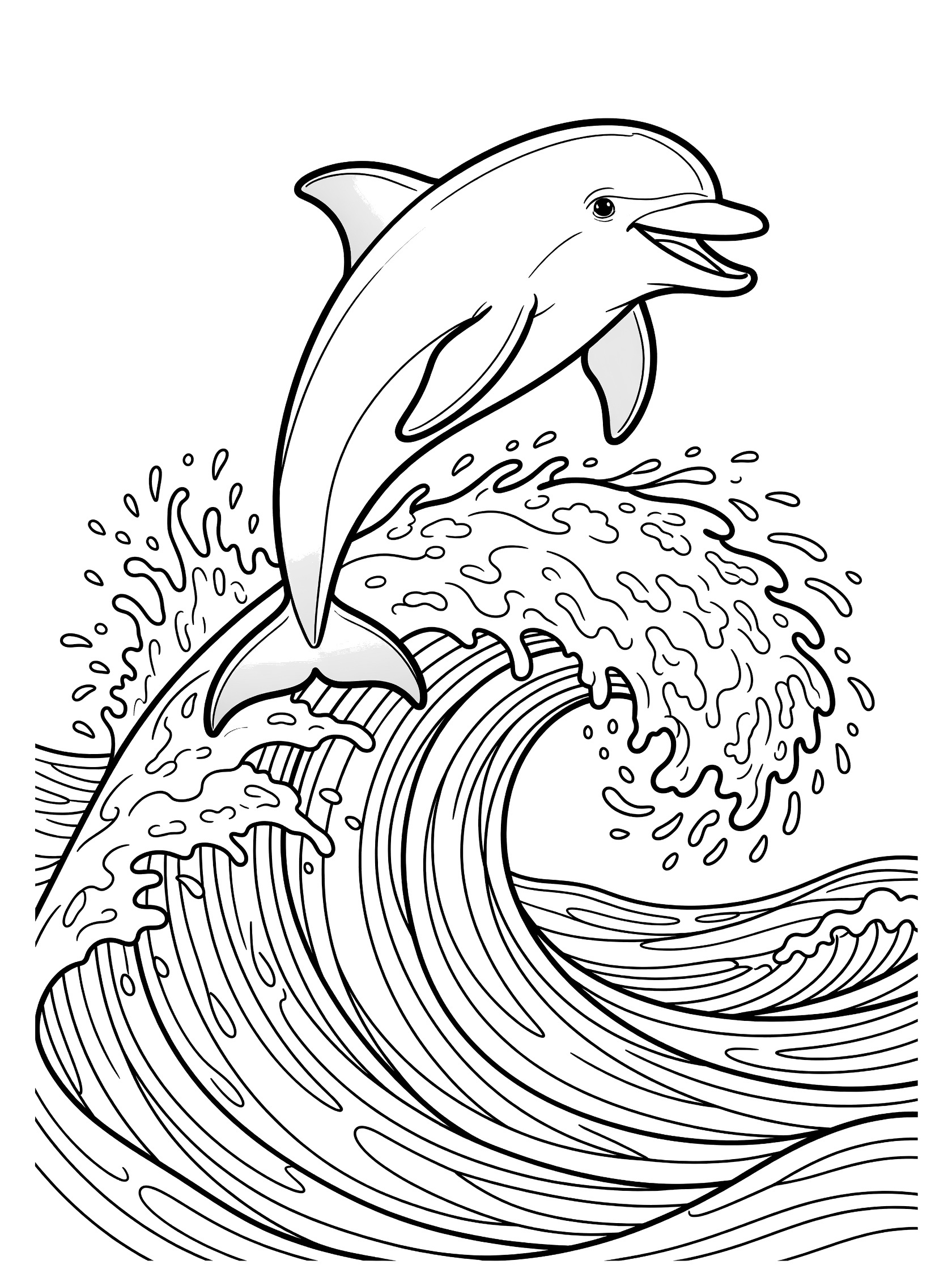Black and white line art coloring page showing a dolphin leaping over a big curling wave with foam splashes